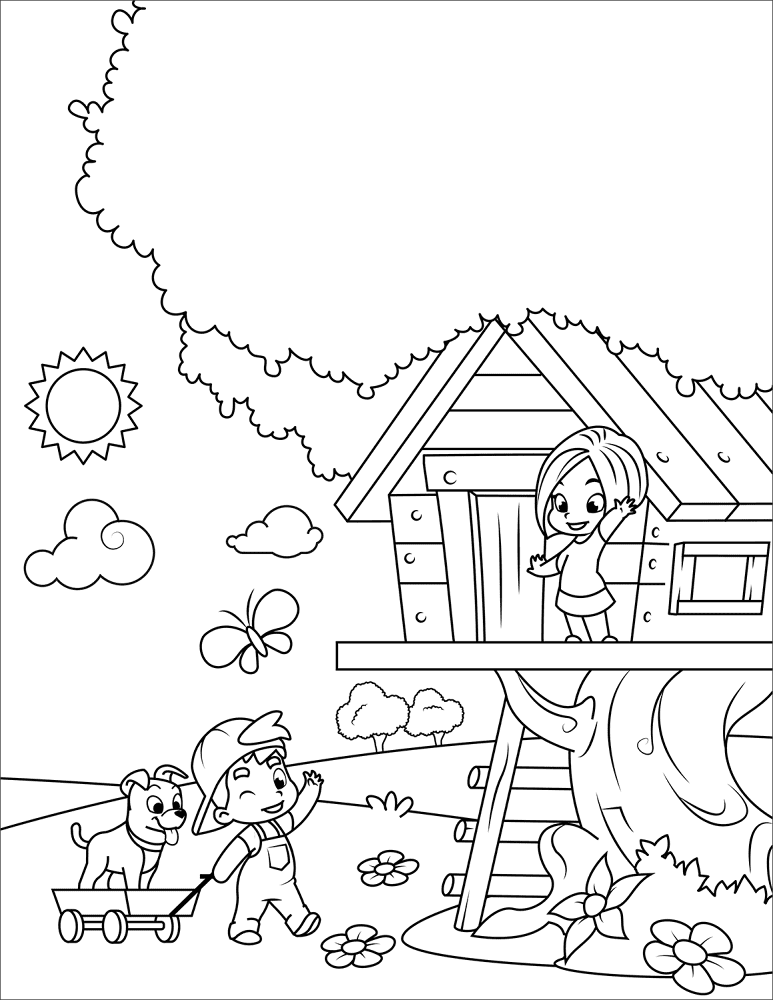 Boy And Girl Playing In A Tree House Coloring Page Md Coloring Page — Free Printable — free printable coloring page
