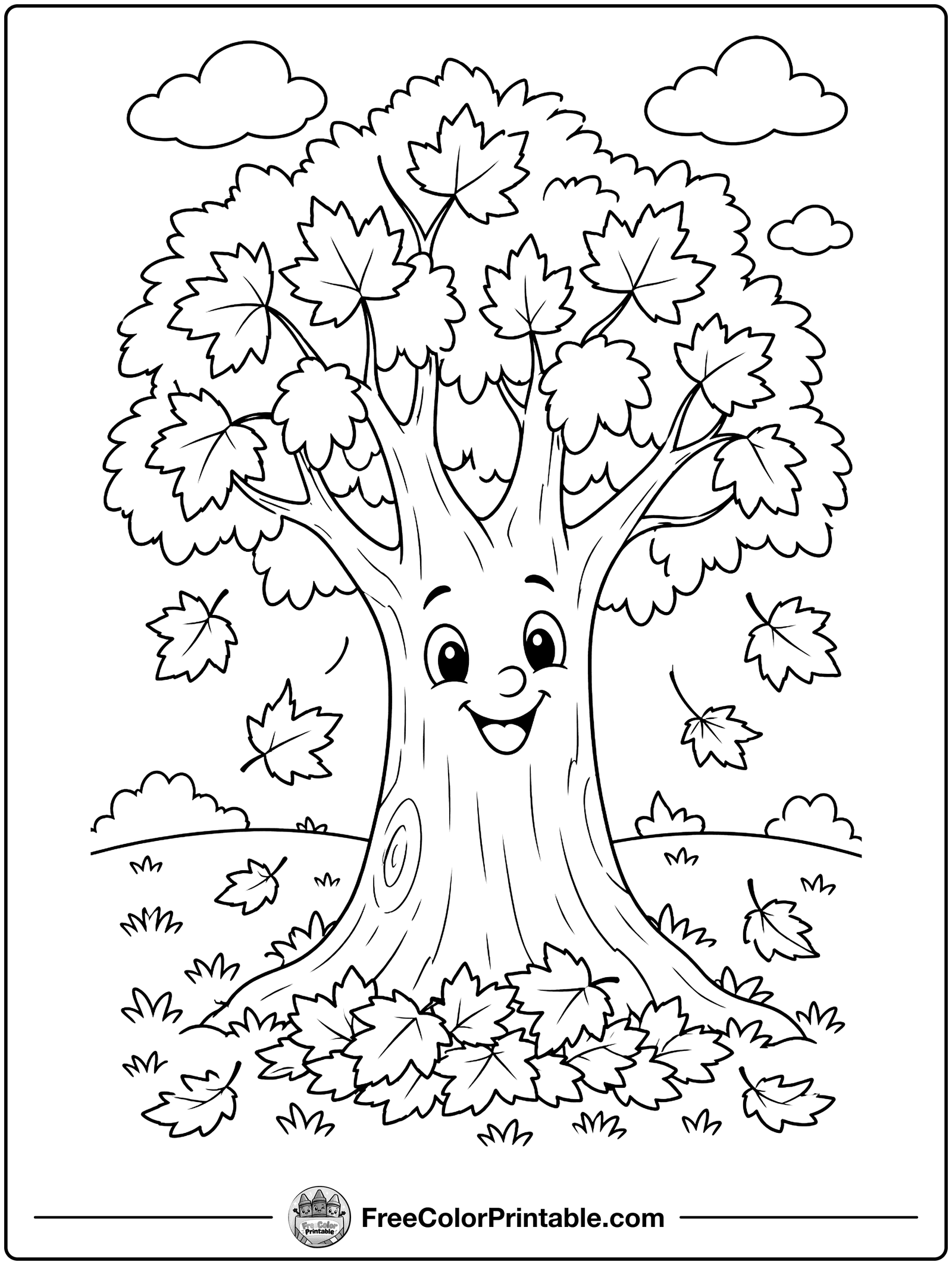 Autumn Tree with Falling Leaves Coloring Page — free color printable