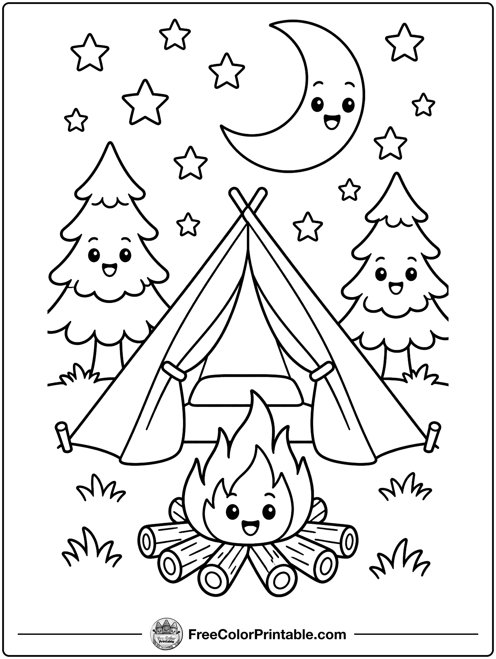 Campfire and Tent Under the Stars Coloring Page — free color printable