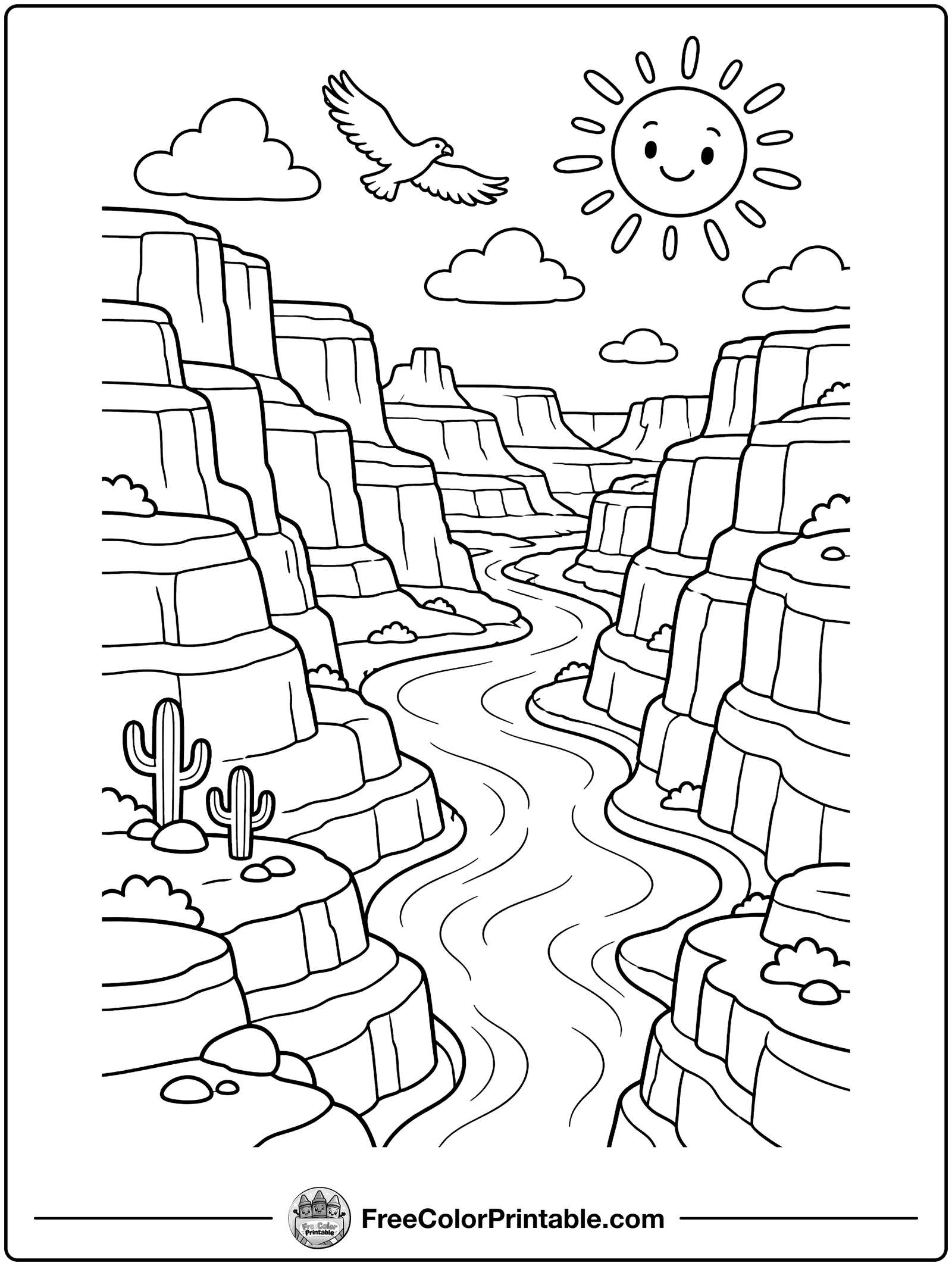 Canyon with a River Coloring Page — free color printable