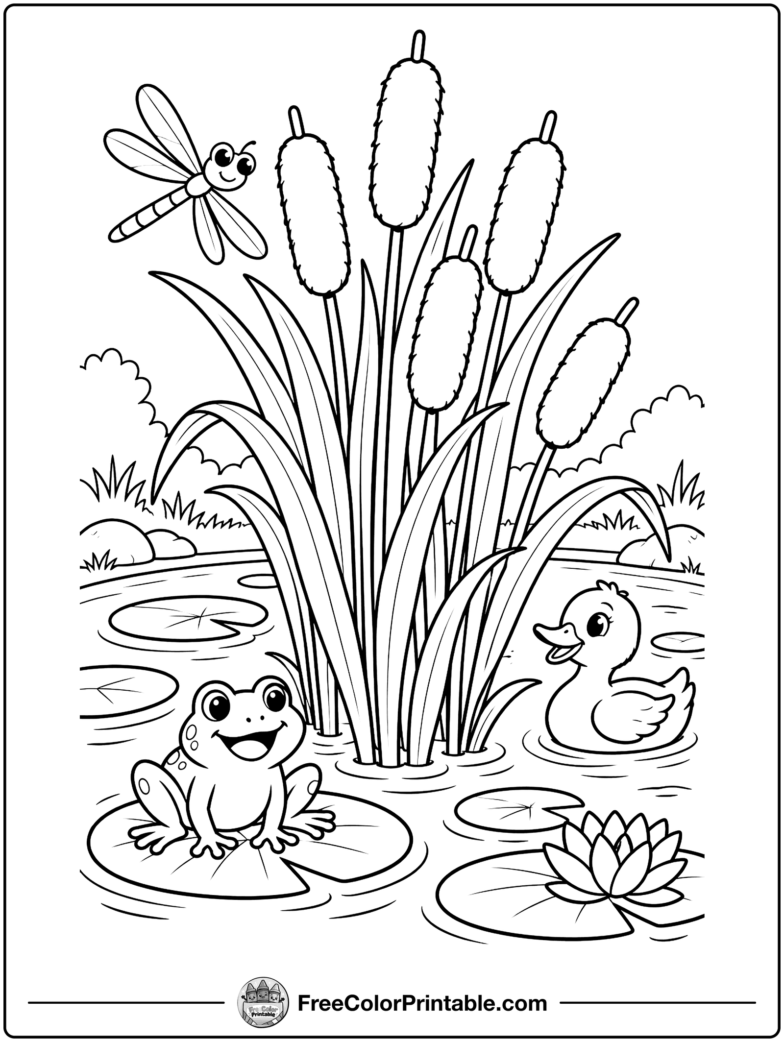 Cattails by the Pond Coloring Page — free color printable