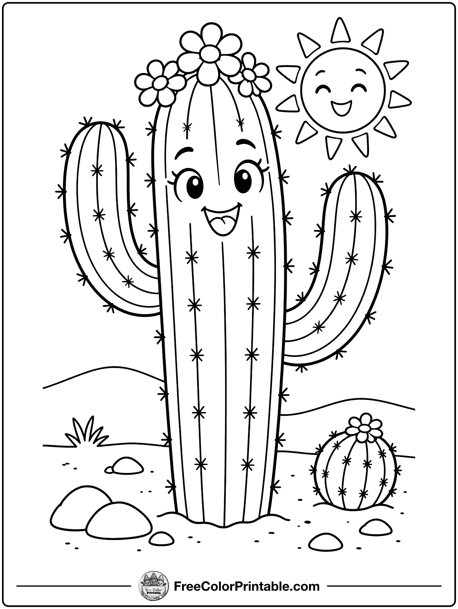 Desert Cactus and Sun Coloring Page — free color printable