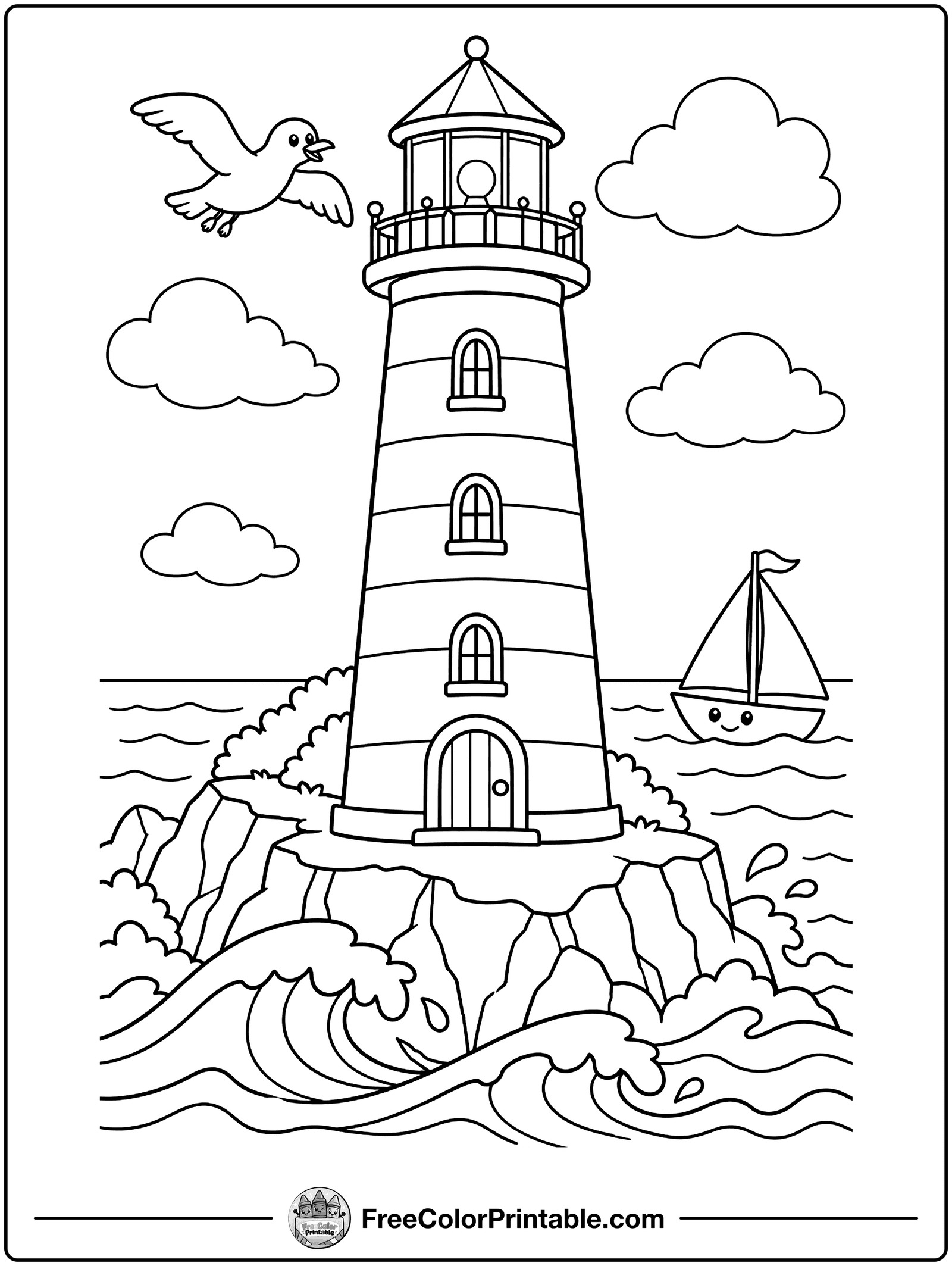 Lighthouse by the Sea Coloring Page — free color printable