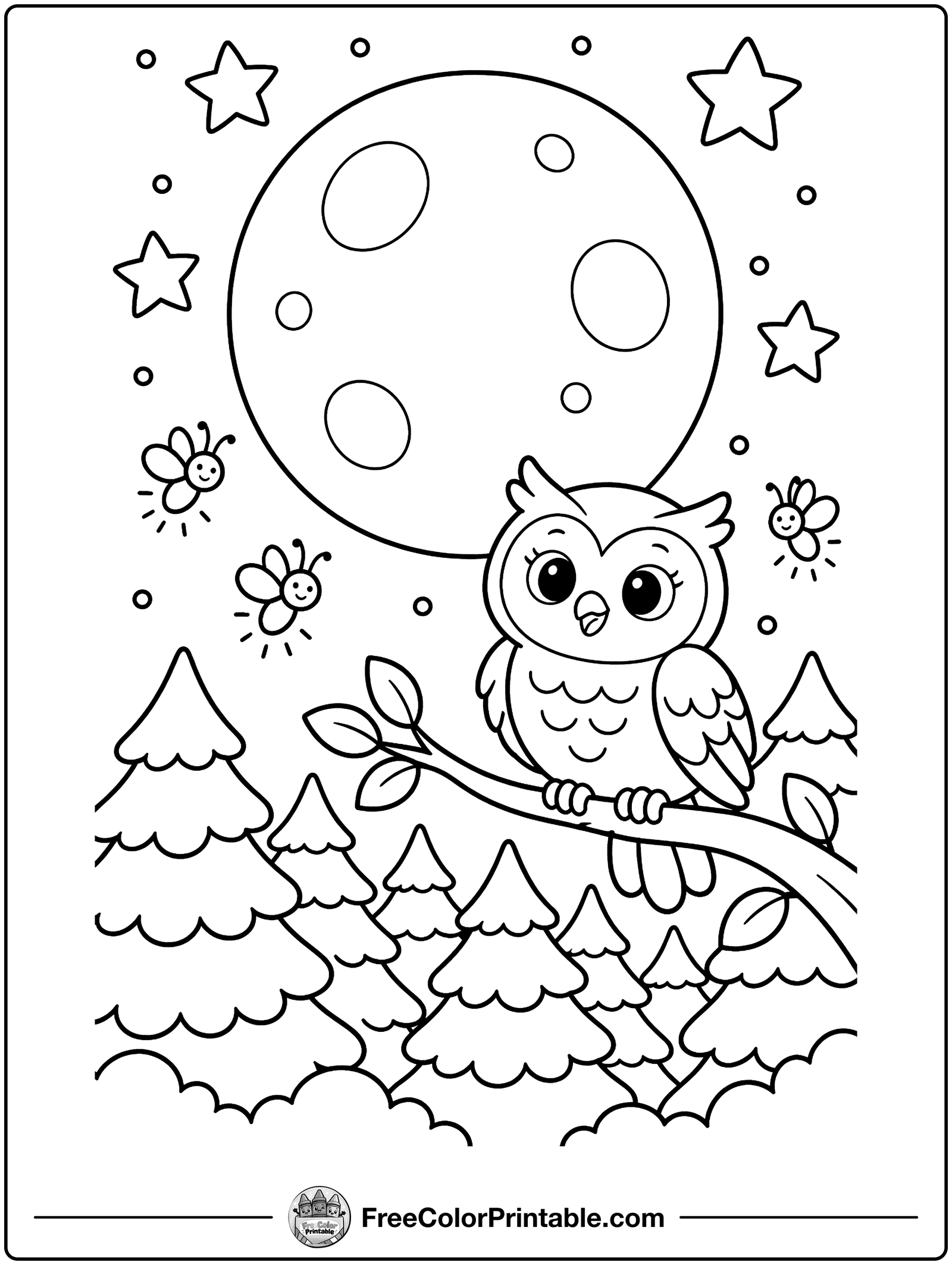 Moon over the Forest at Night Coloring Page — free color printable