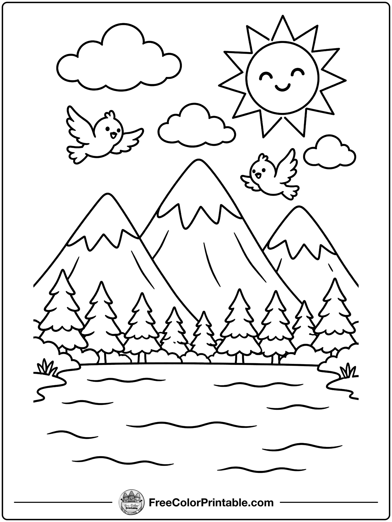 Mountains and a Lake Coloring Page — free color printable
