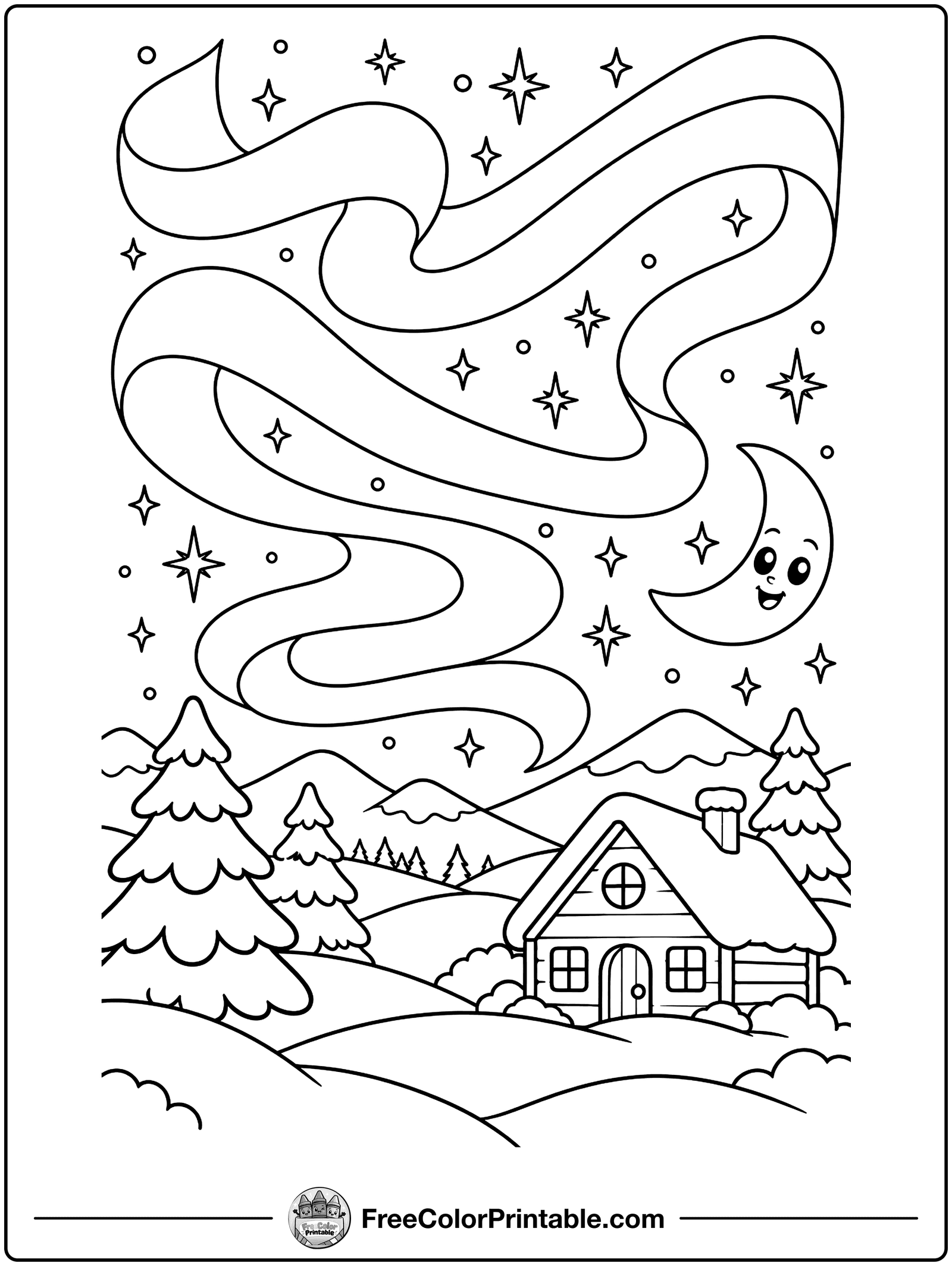 Northern Lights over Snowy Hills Coloring Page — free color printable