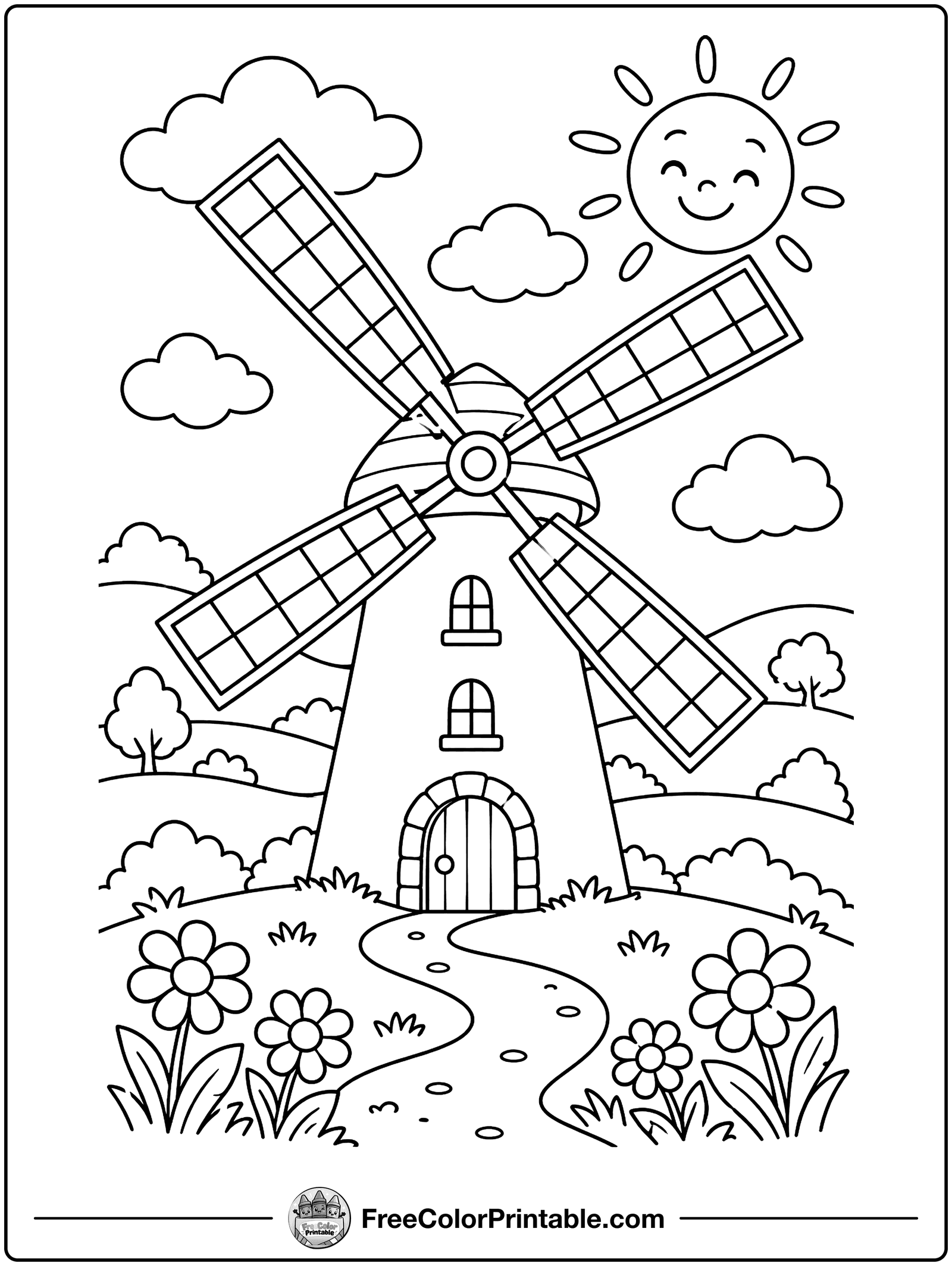 Rolling Hills with a Windmill Coloring Page — free color printable