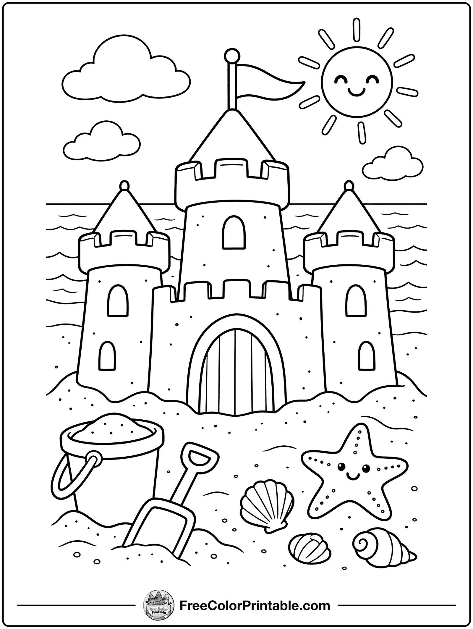 Sandcastle on the Beach Coloring Page — free color printable