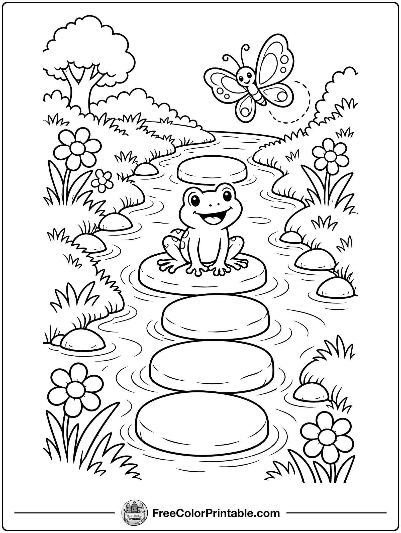 Stream with Stepping Stones Coloring Page — free color printable