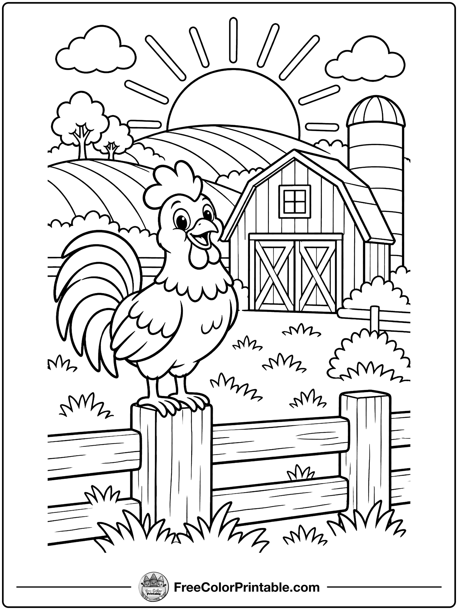 Sunrise over Farm Fields Coloring Page — free color printable