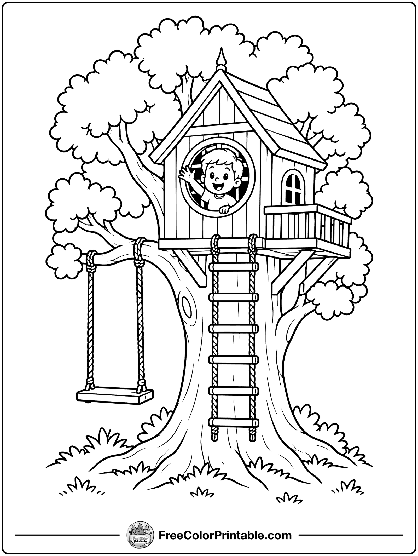Tree House in a Big Tree Coloring Page — free color printable
