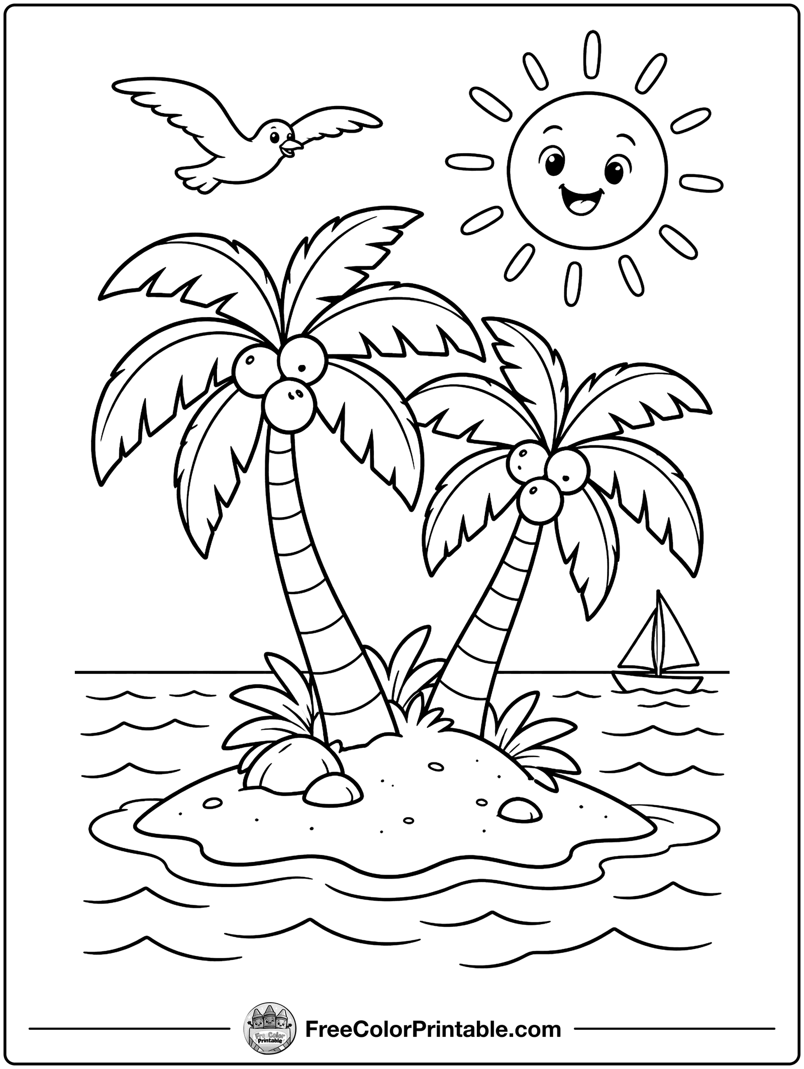 Tropical Island with Palm Trees Coloring Page — free color printable