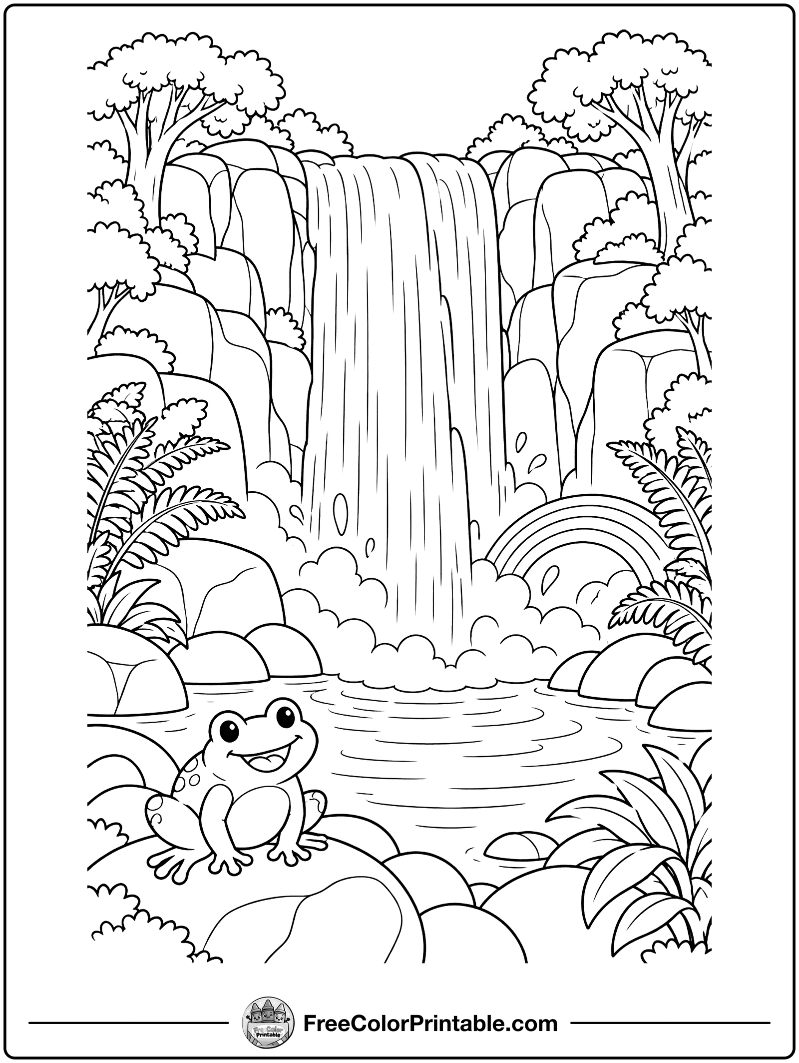 Waterfall in the Forest Coloring Page — free color printable