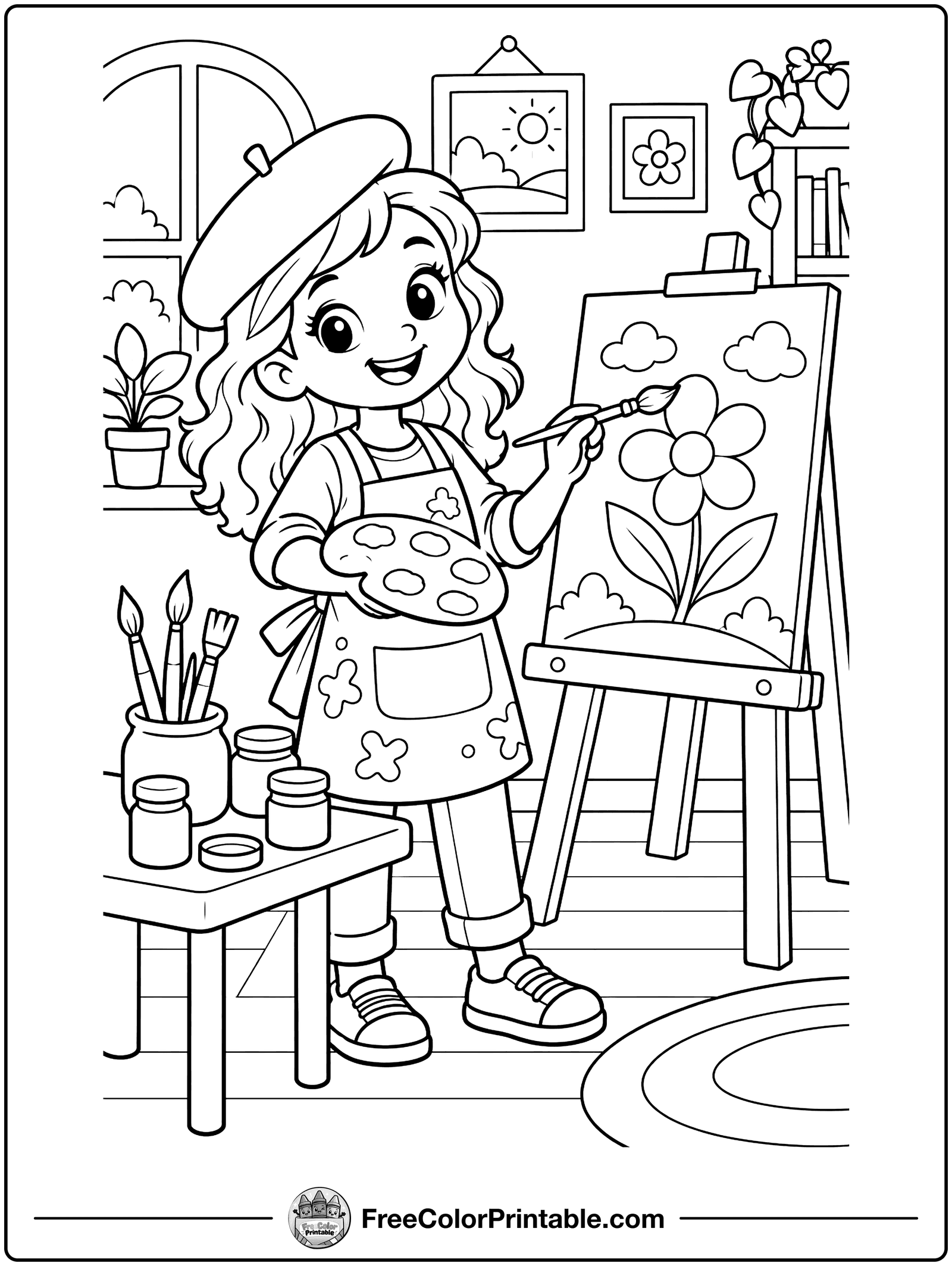 Artist Painting at an Easel Coloring Page — free color printable