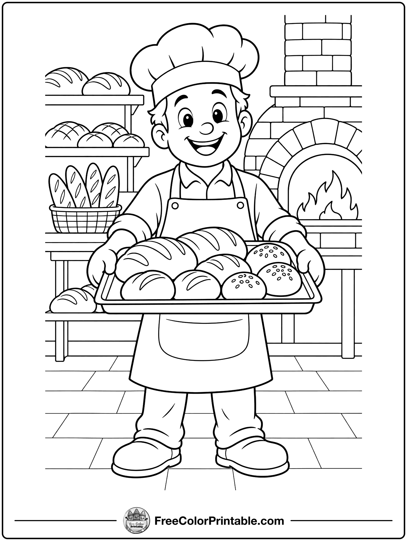 Baker with Fresh Bread Coloring Page — free color printable