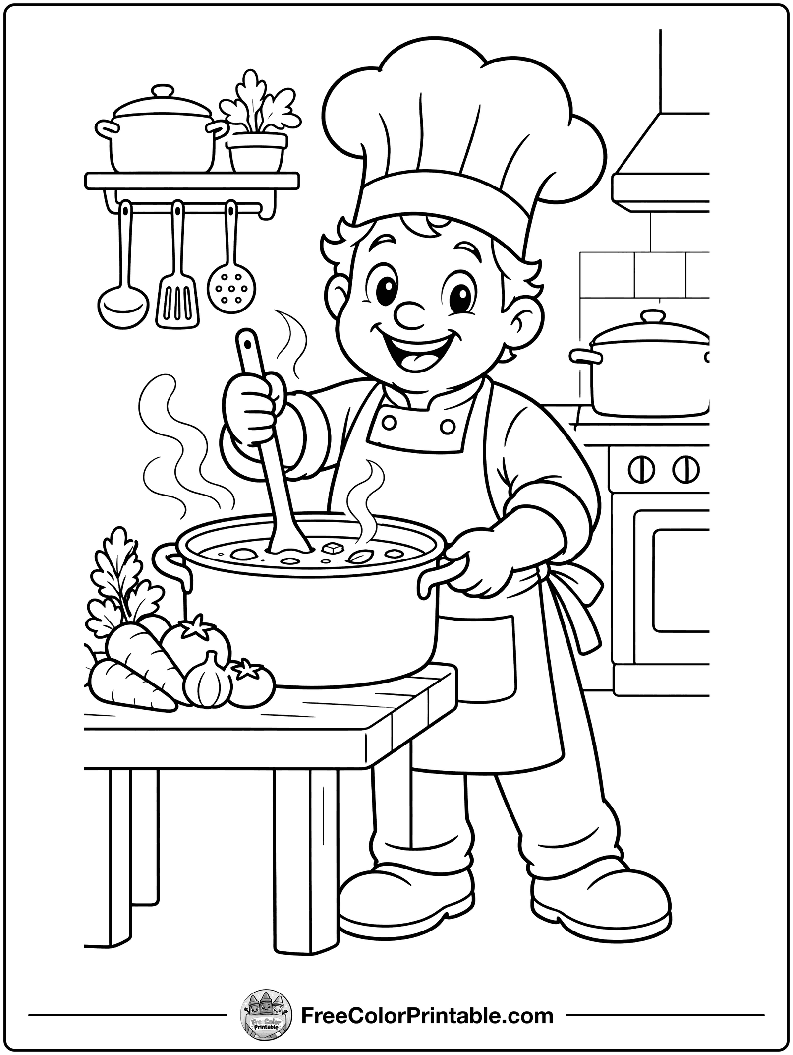 Chef Stirring a Big Pot Coloring Page — free color printable