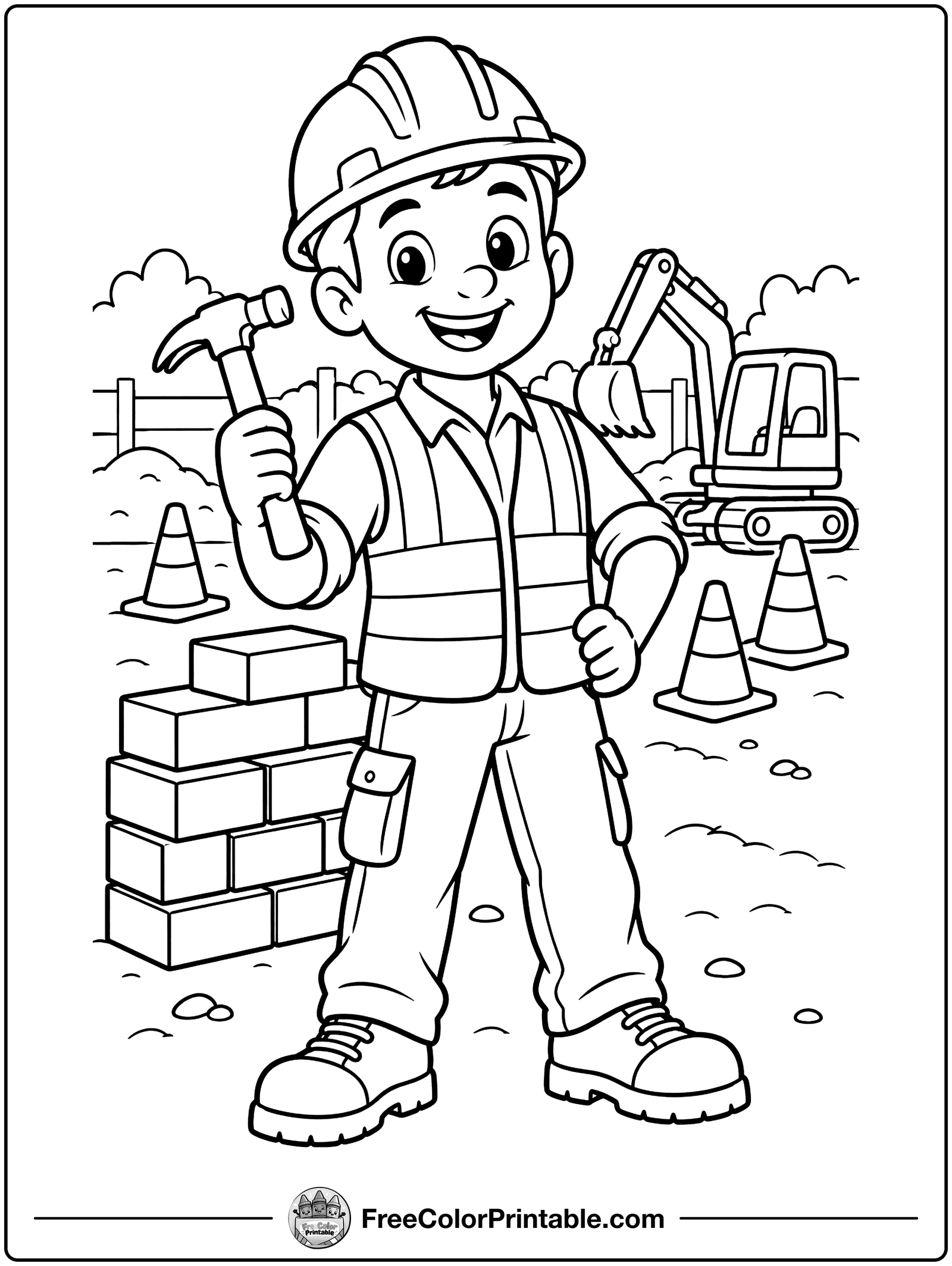 Construction Worker with a Hard Hat Coloring Page — free color printable