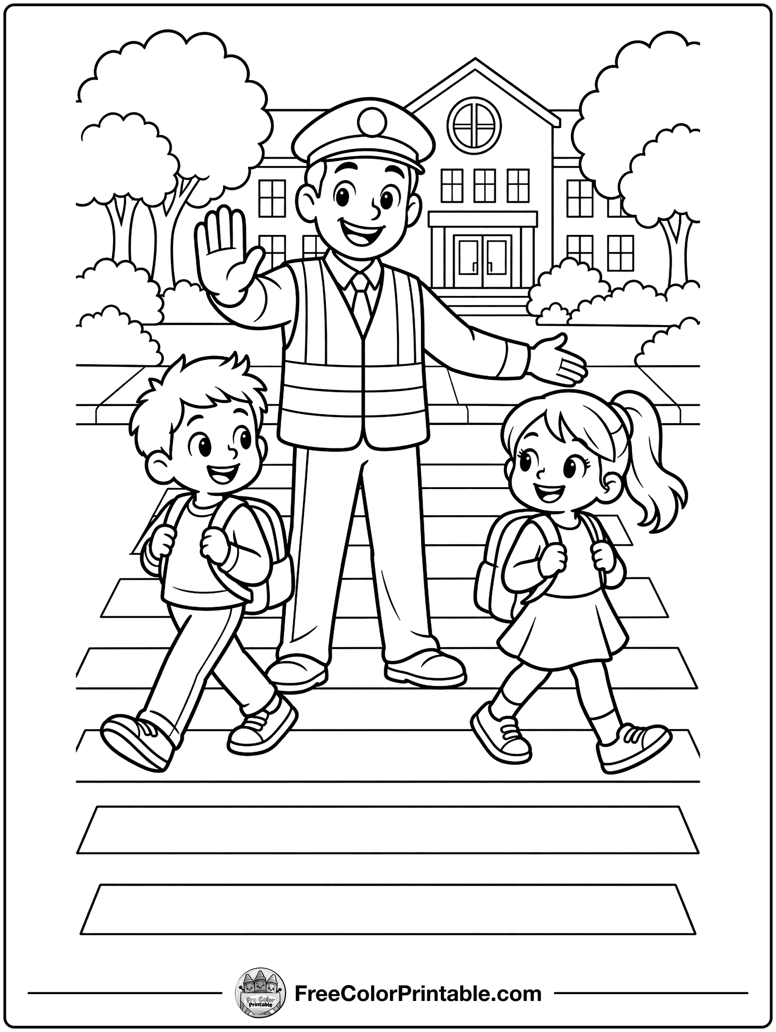 Crossing Guard Helping Kids Coloring Page — free color printable