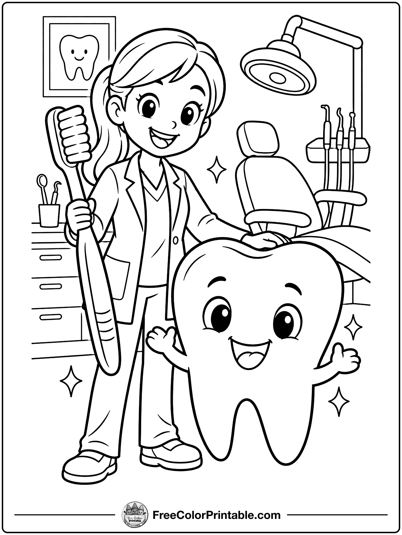 Dentist with a Giant Toothbrush Coloring Page — free color printable