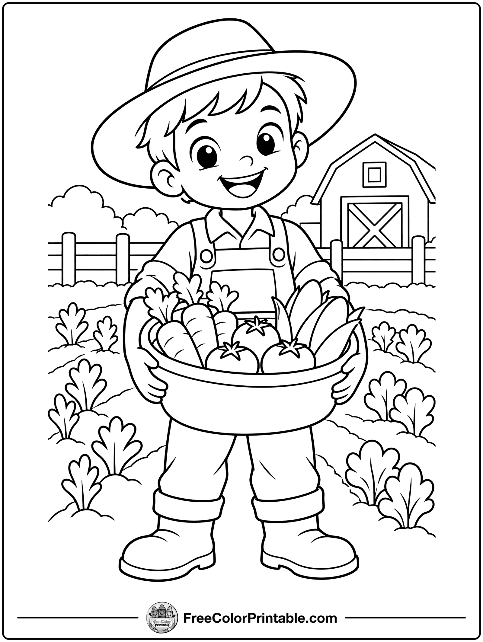 Farmer with a Basket of Vegetables Coloring Page — free color printable