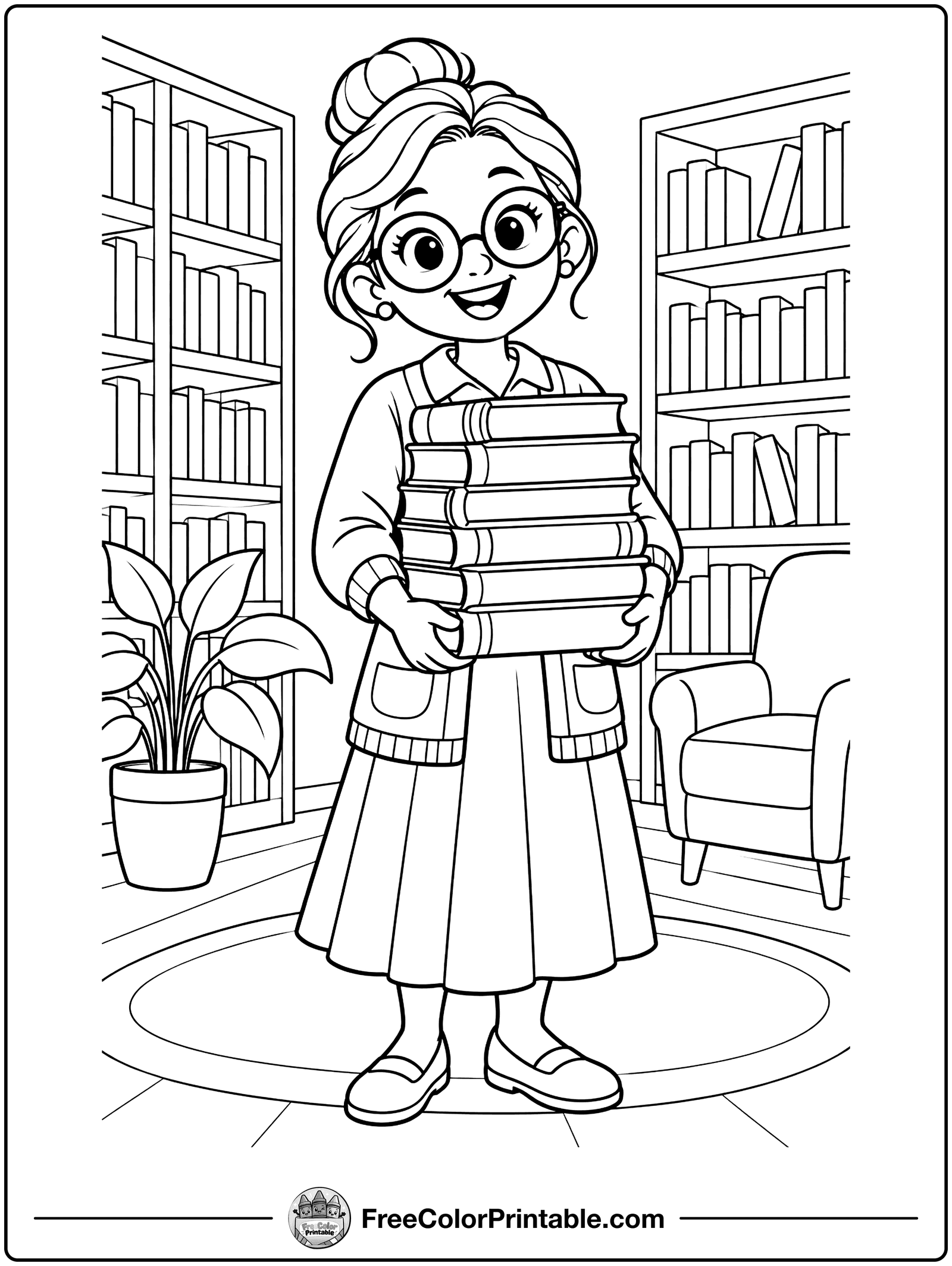 Librarian with a Stack of Books Coloring Page — free color printable