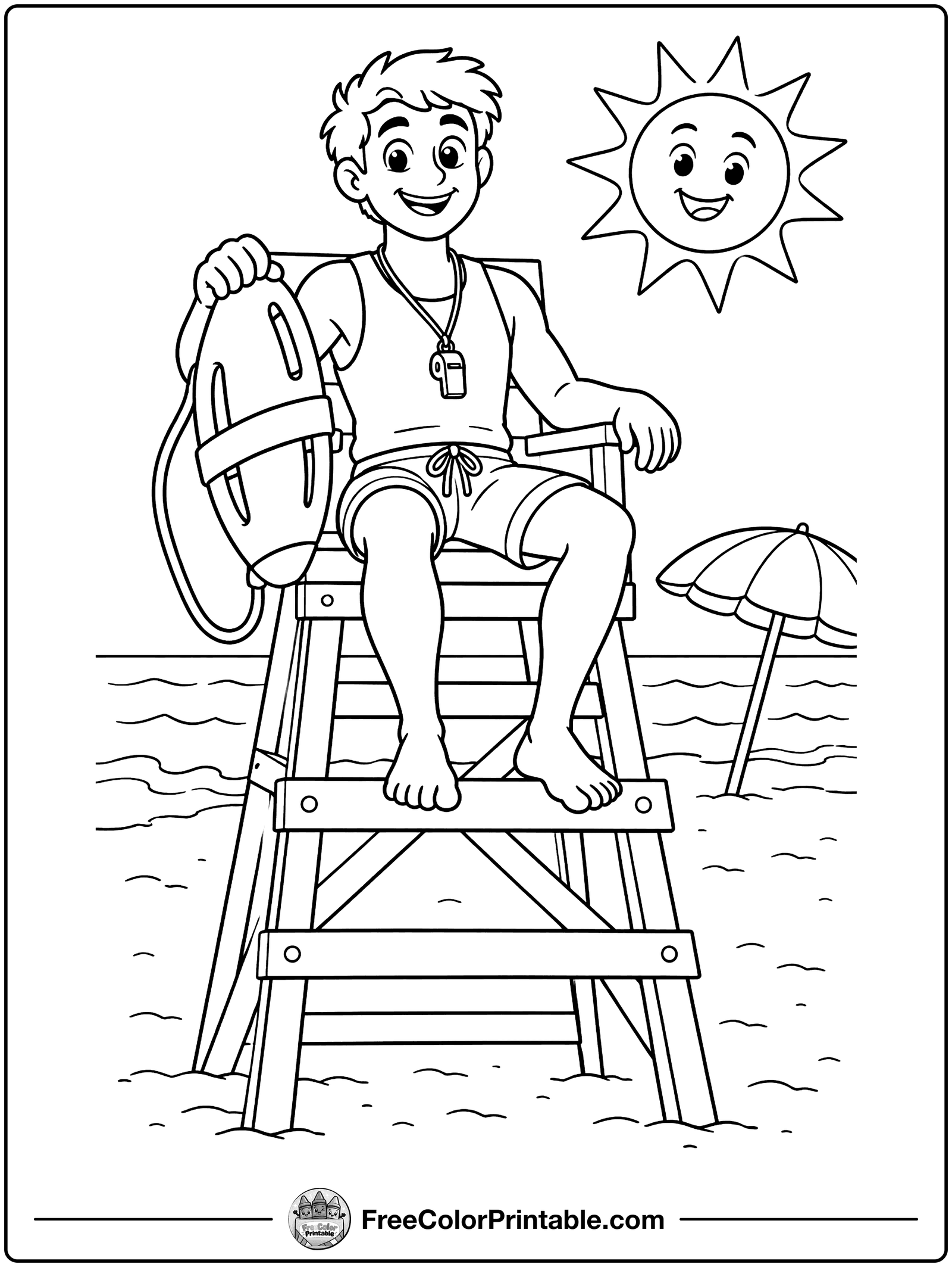 Lifeguard on the Beach Coloring Page — free color printable