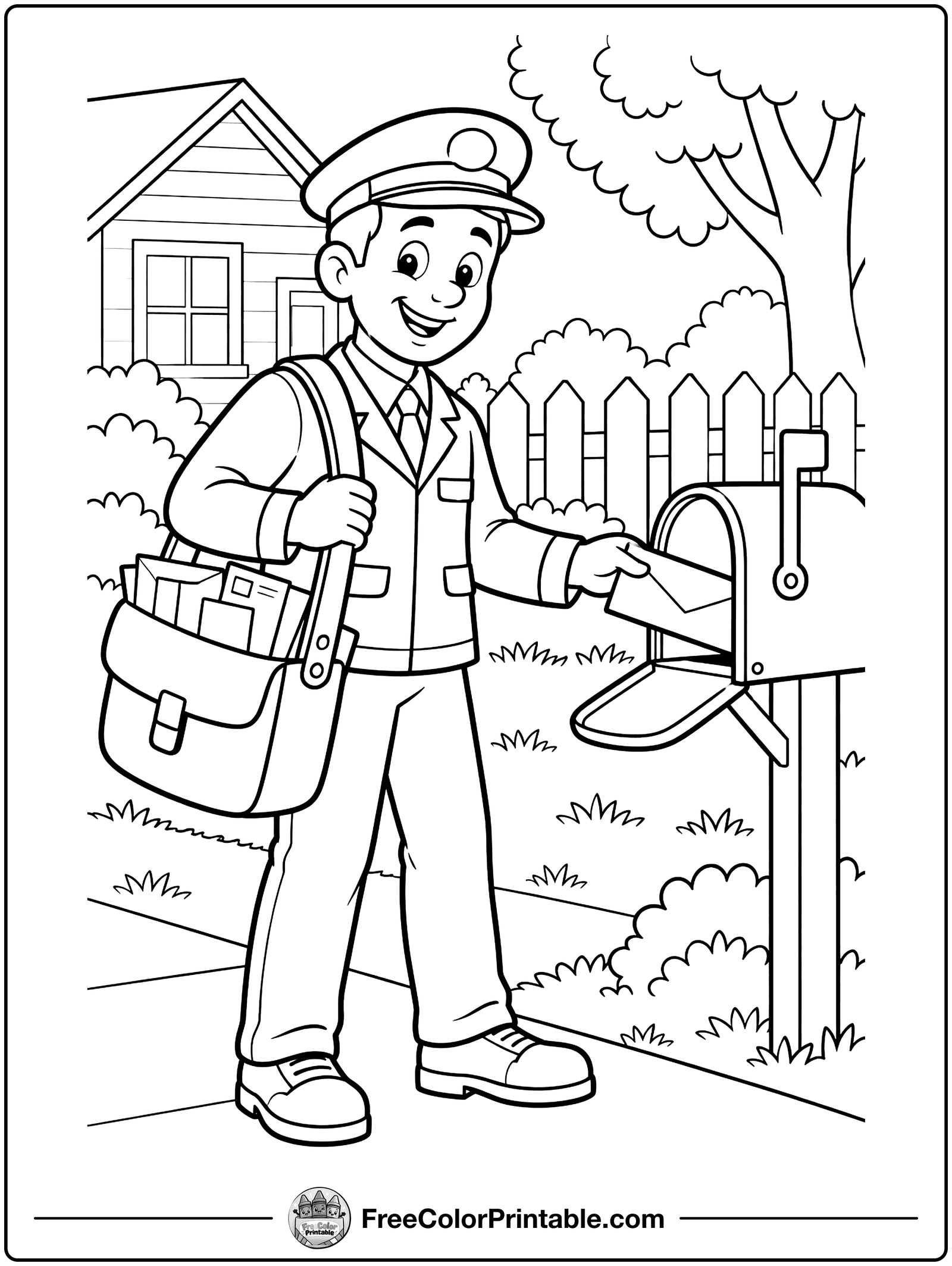 Mail Carrier with a Bag of Letters Coloring Page — free color printable
