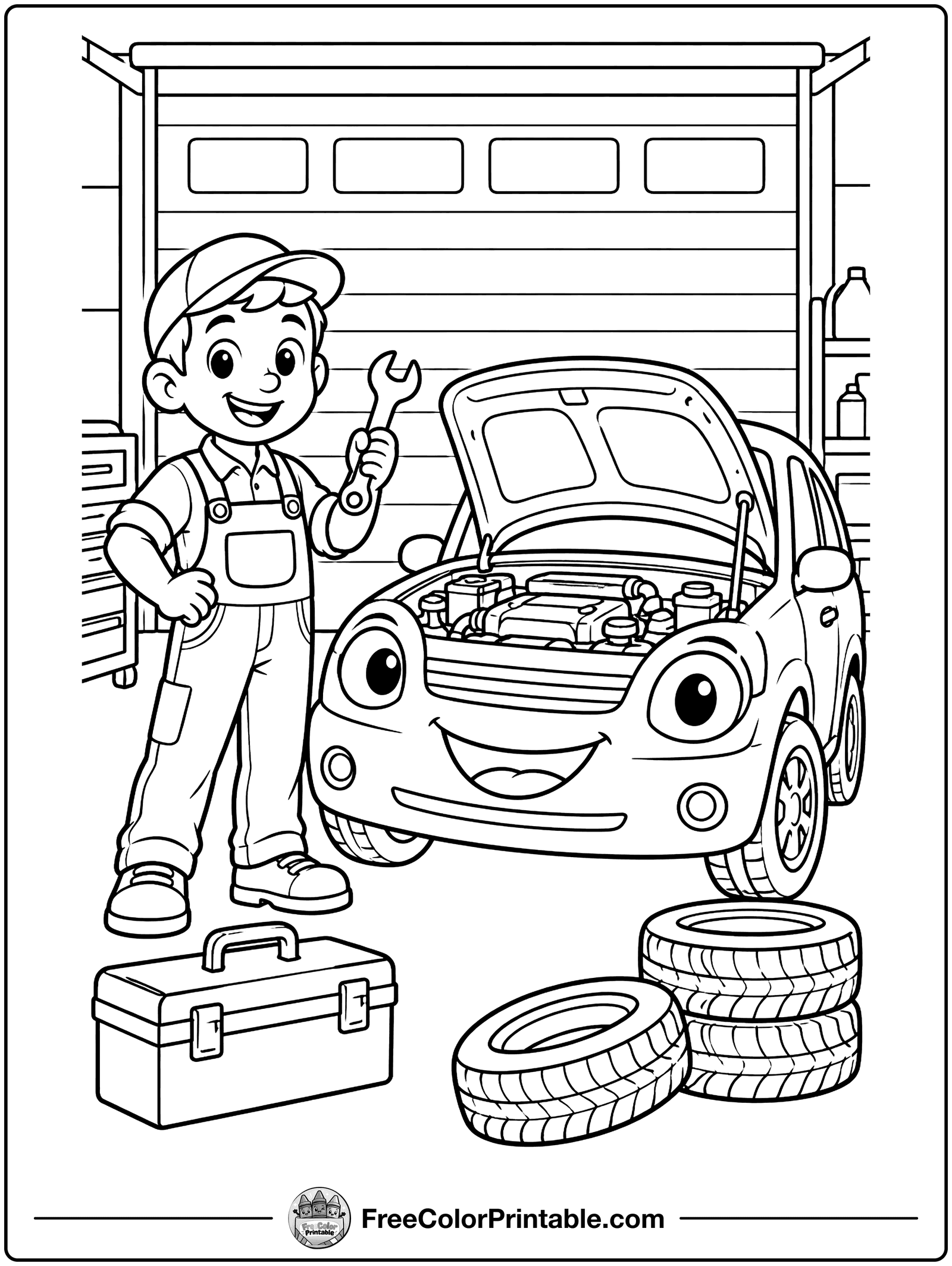 Mechanic Fixing a Car Coloring Page — free color printable