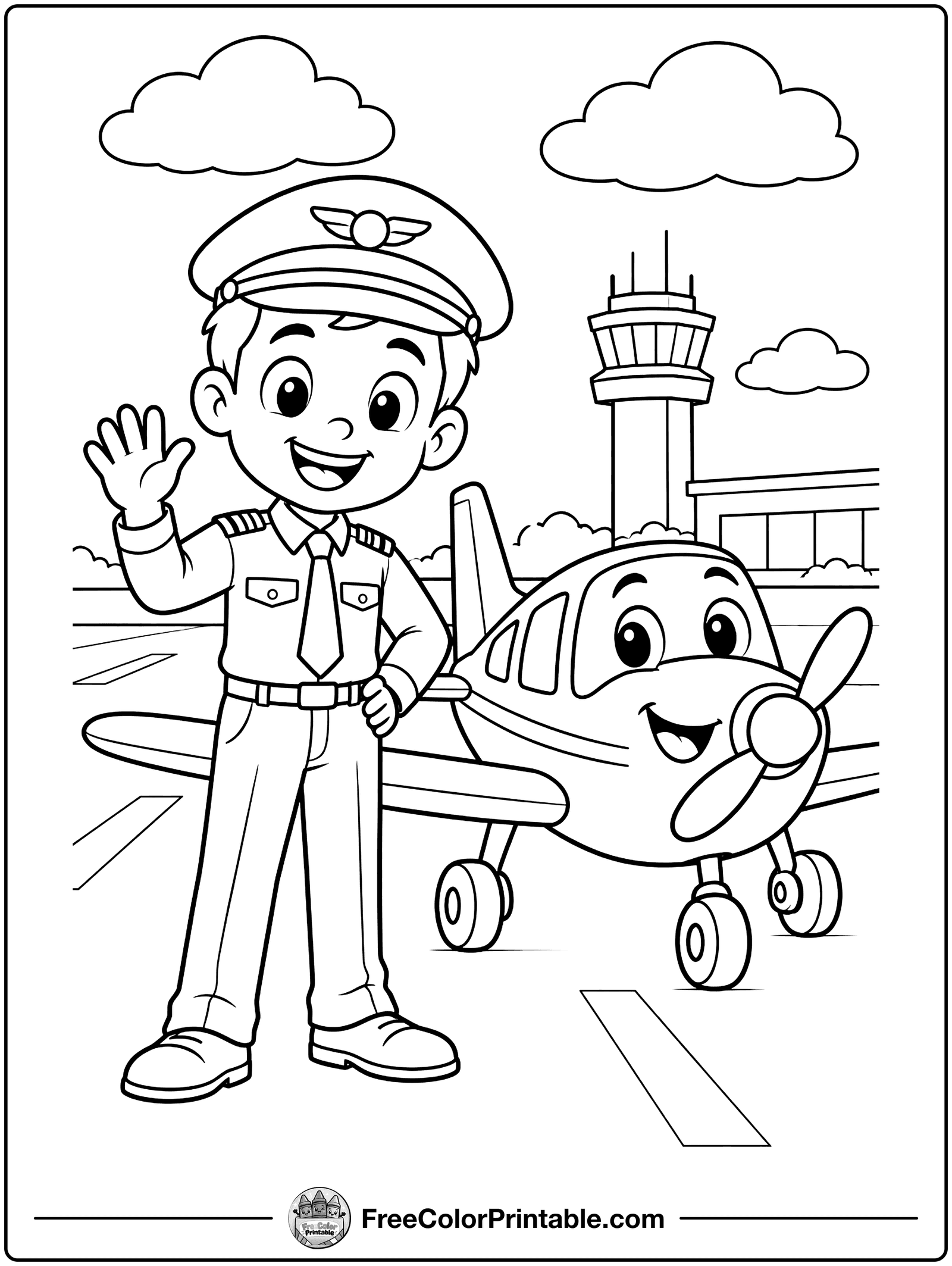 Pilot Next to an Airplane Coloring Page — free color printable