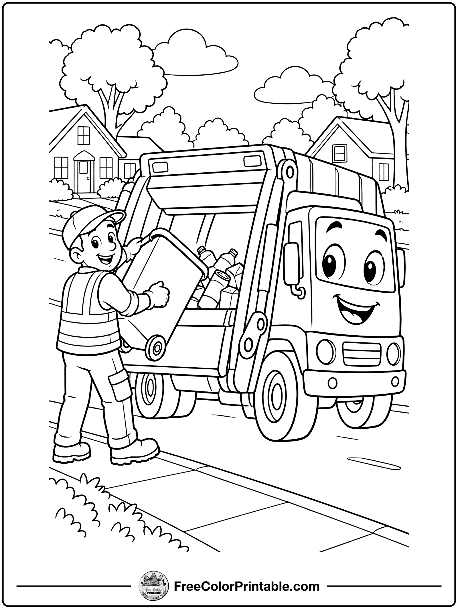 Recycling Truck Worker Coloring Page — free color printable