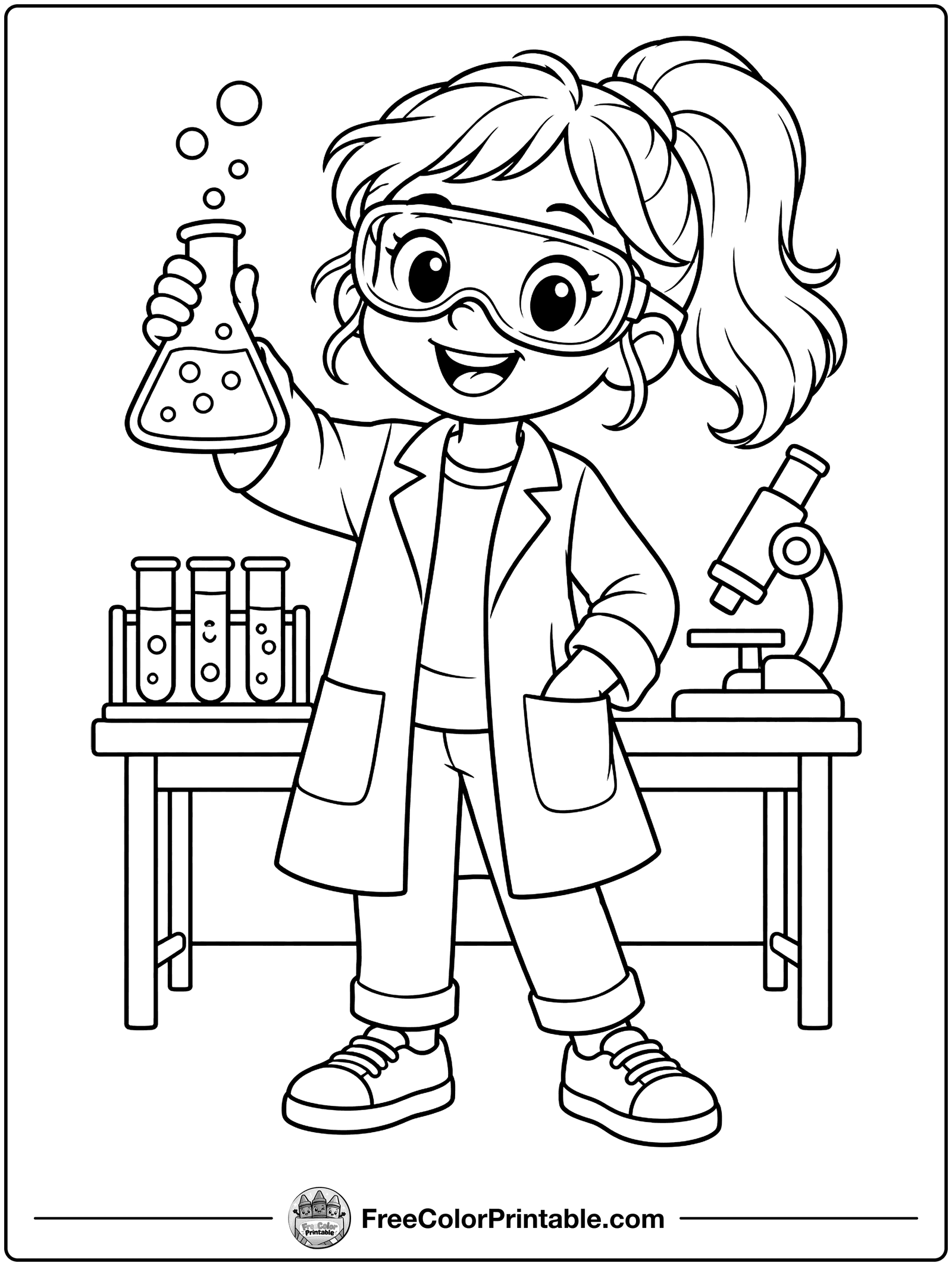 Scientist with a Bubbling Experiment Coloring Page — free color printable
