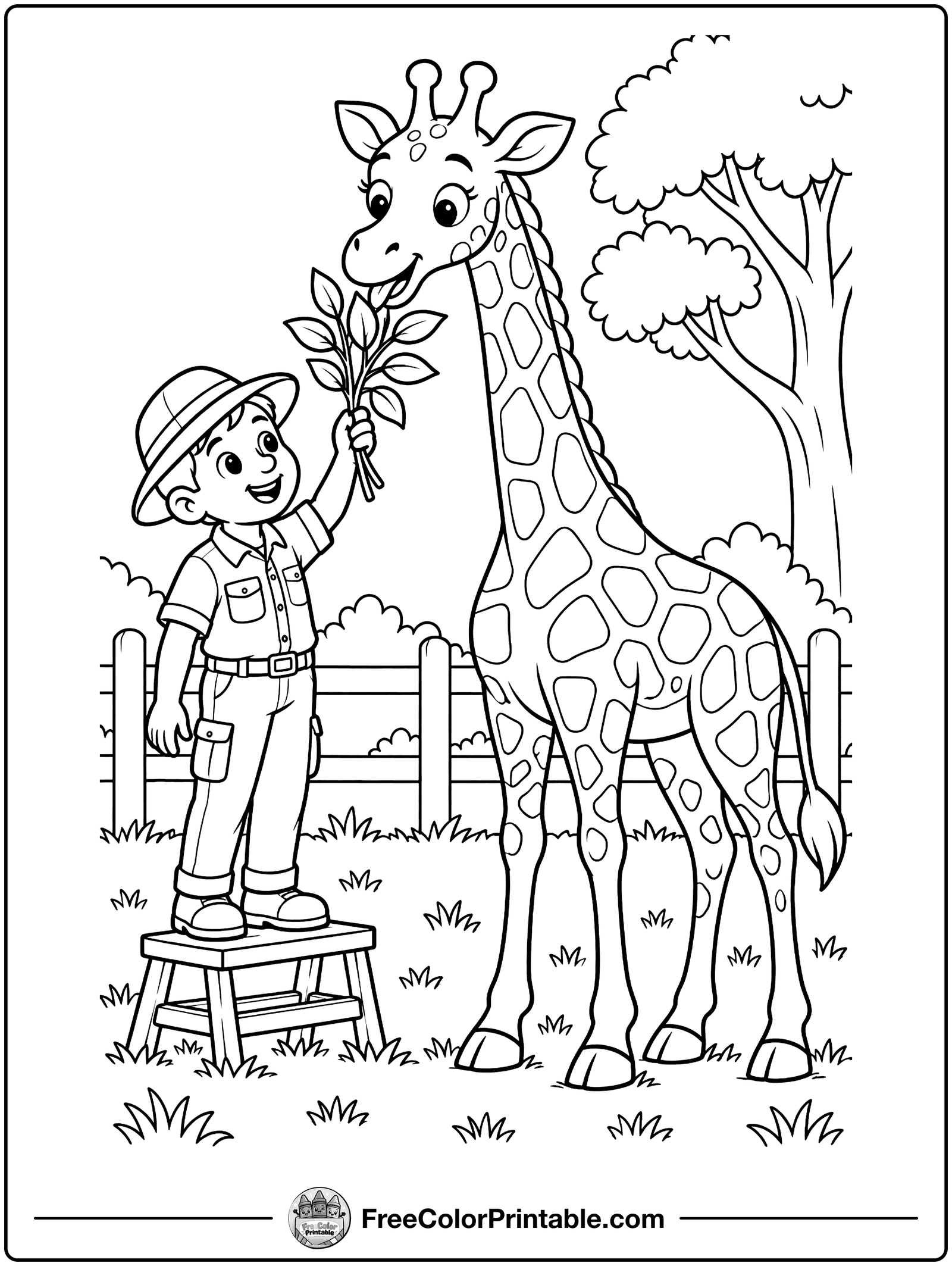 Zookeeper Feeding a Giraffe Coloring Page — free color printable