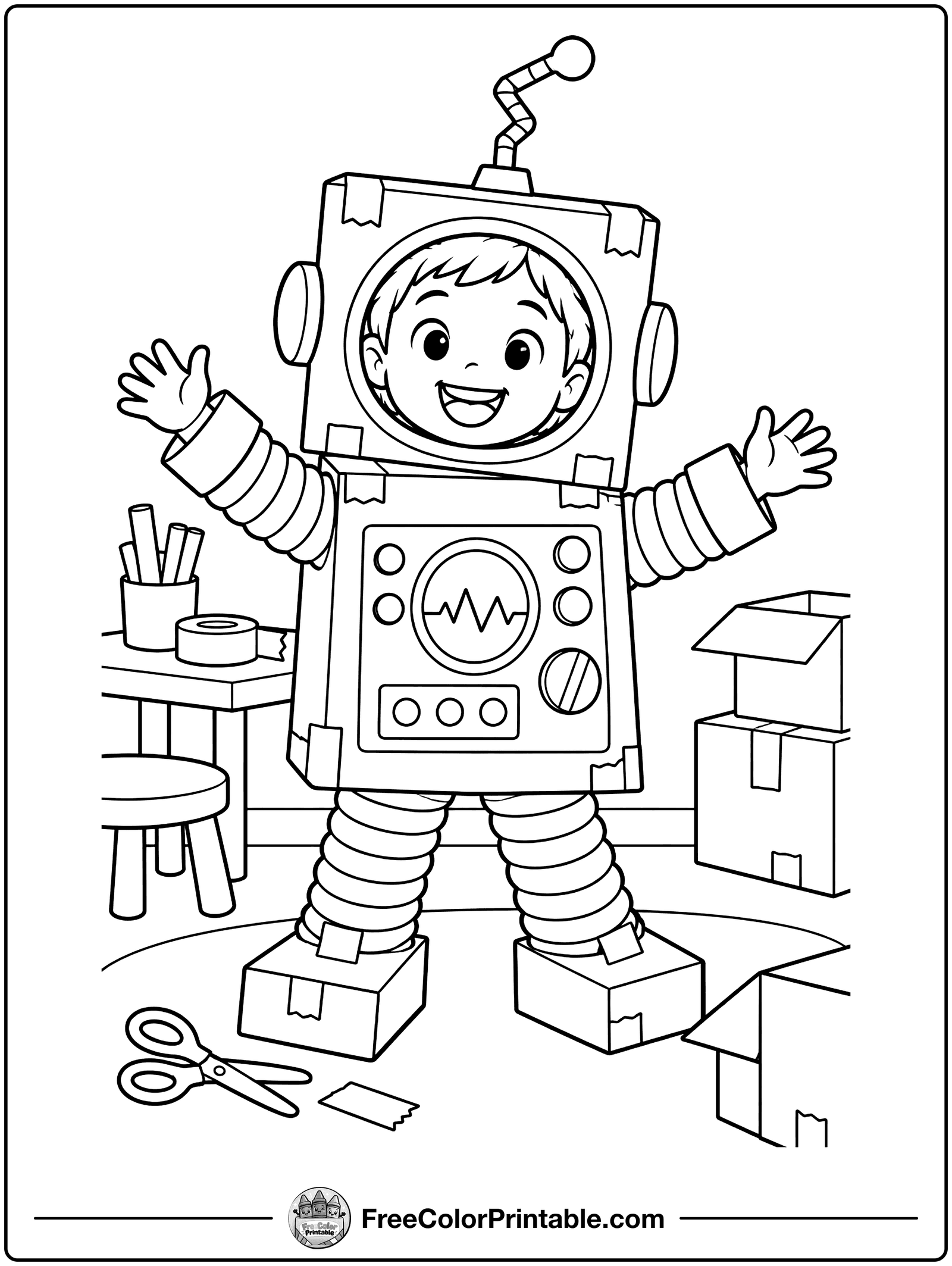 Cardboard Box Robot Coloring Page — free color printable