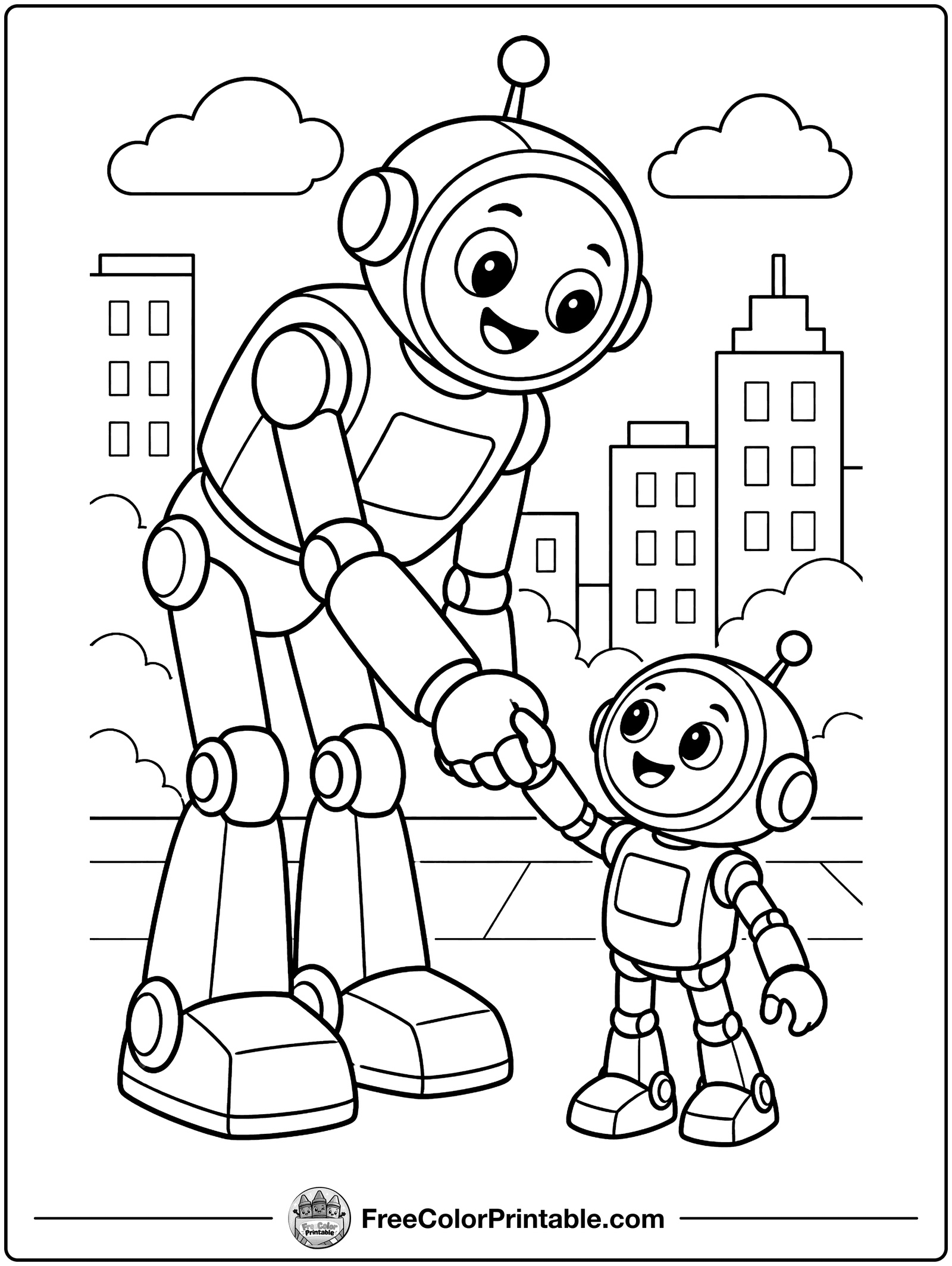 Giant Robot and Tiny Robot Coloring Page — free color printable