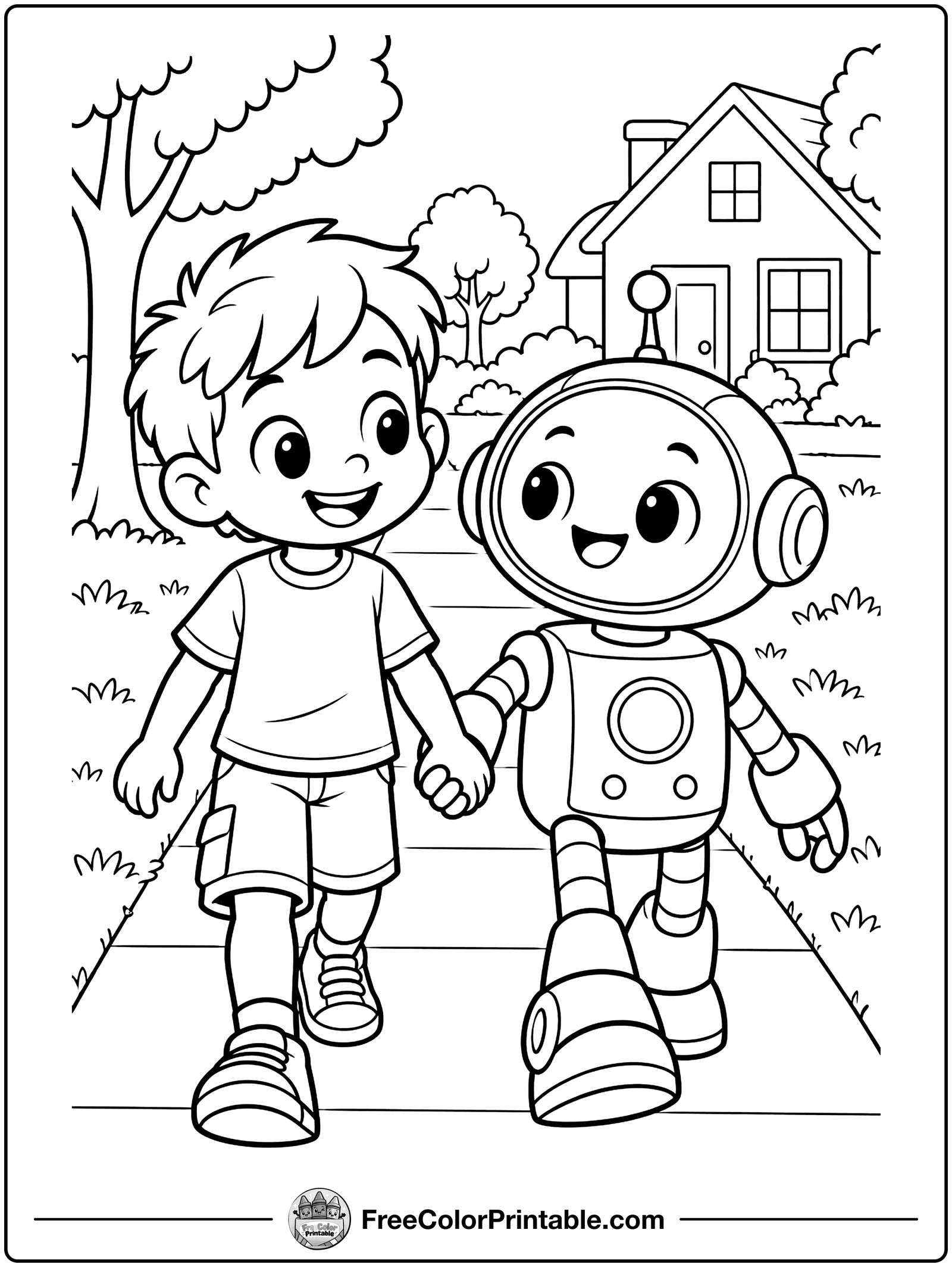 Robot and Kid Best Friends Coloring Page — free color printable