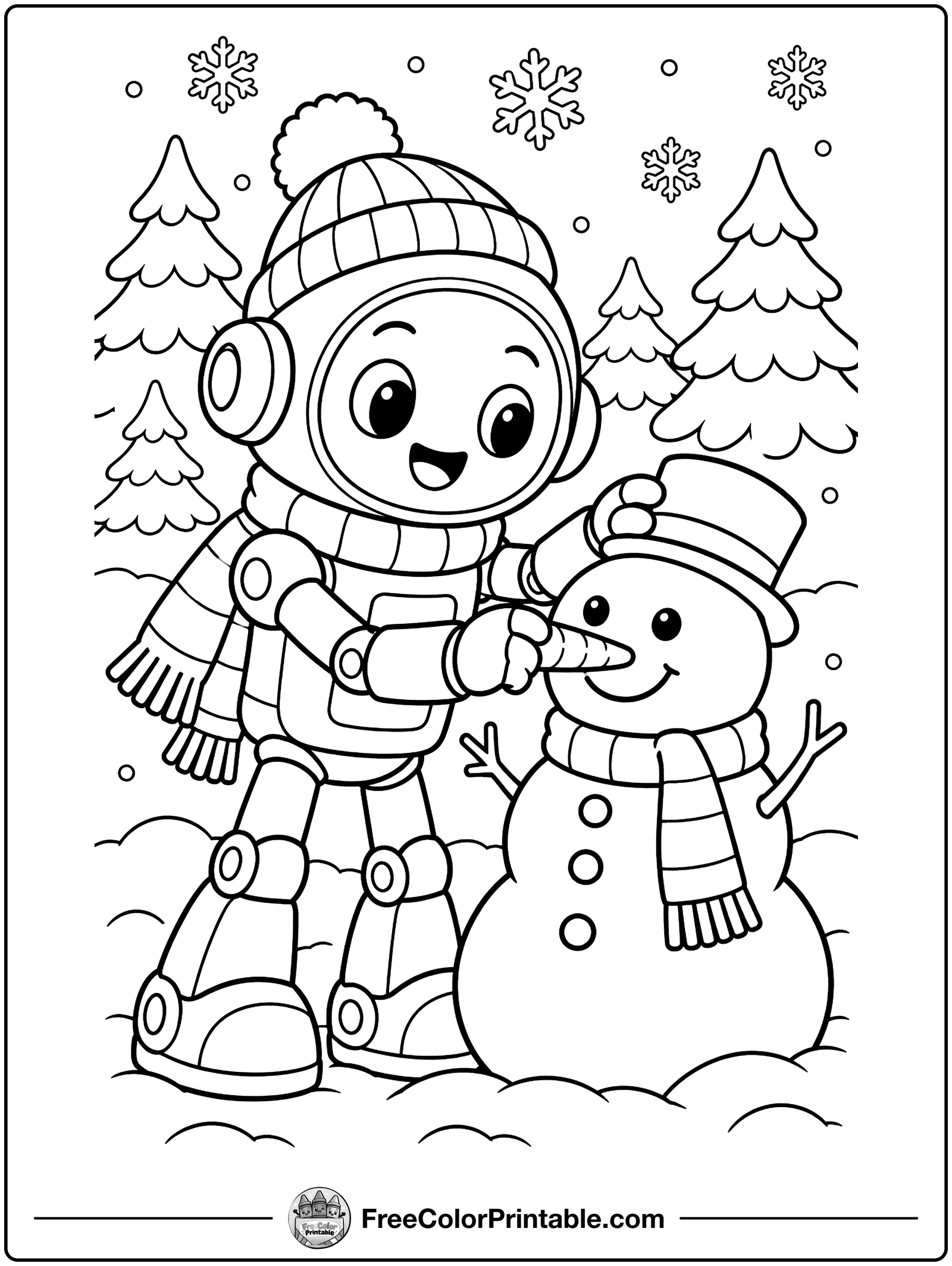 Robot Building a Snowman Coloring Page — free color printable