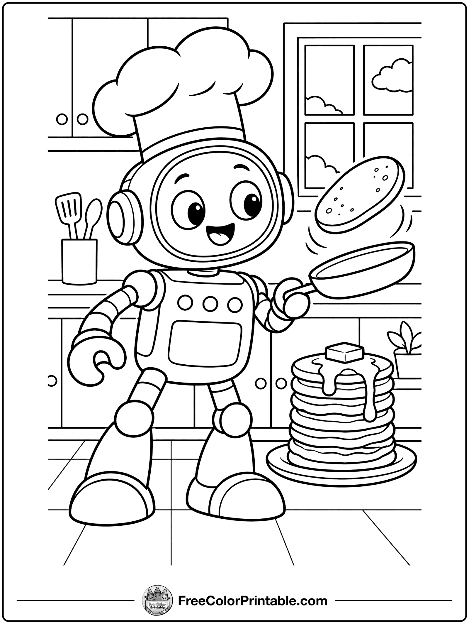 Robot Chef Making Pancakes Coloring Page — free color printable