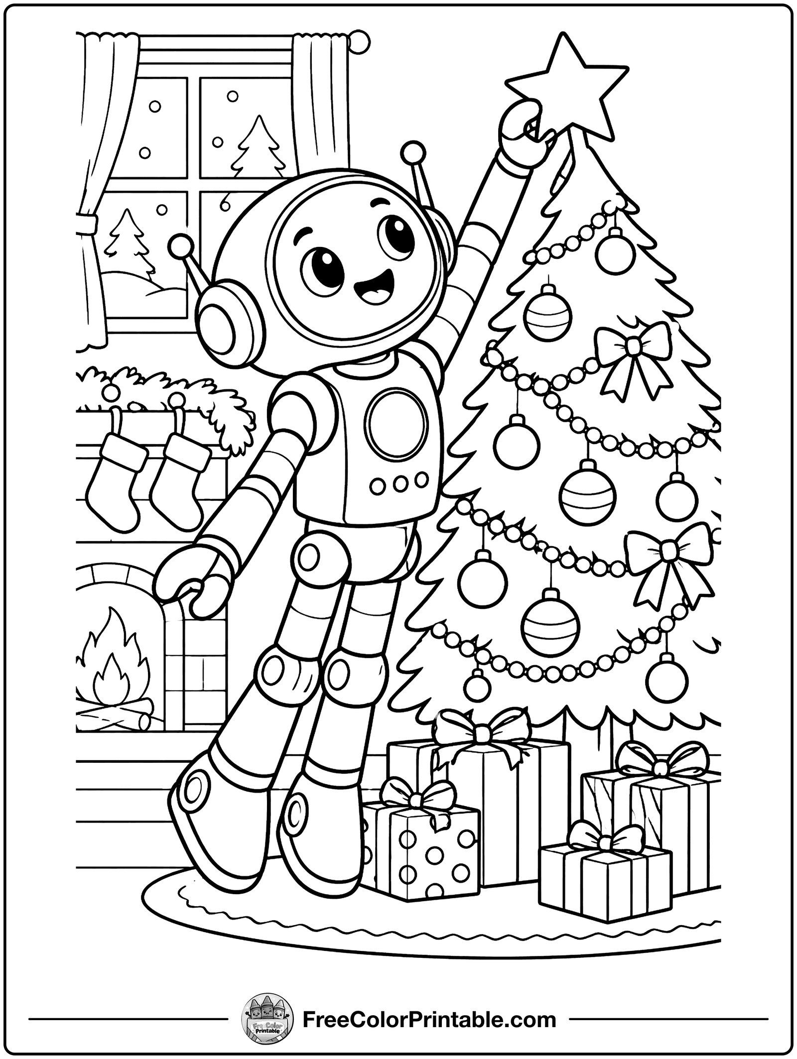 Robot Decorating a Christmas Tree Coloring Page — free color printable