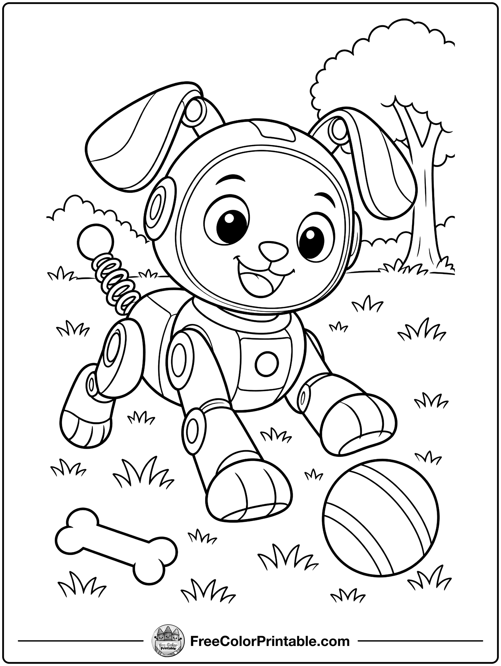 Robot Dog Playing Fetch Coloring Page — free color printable