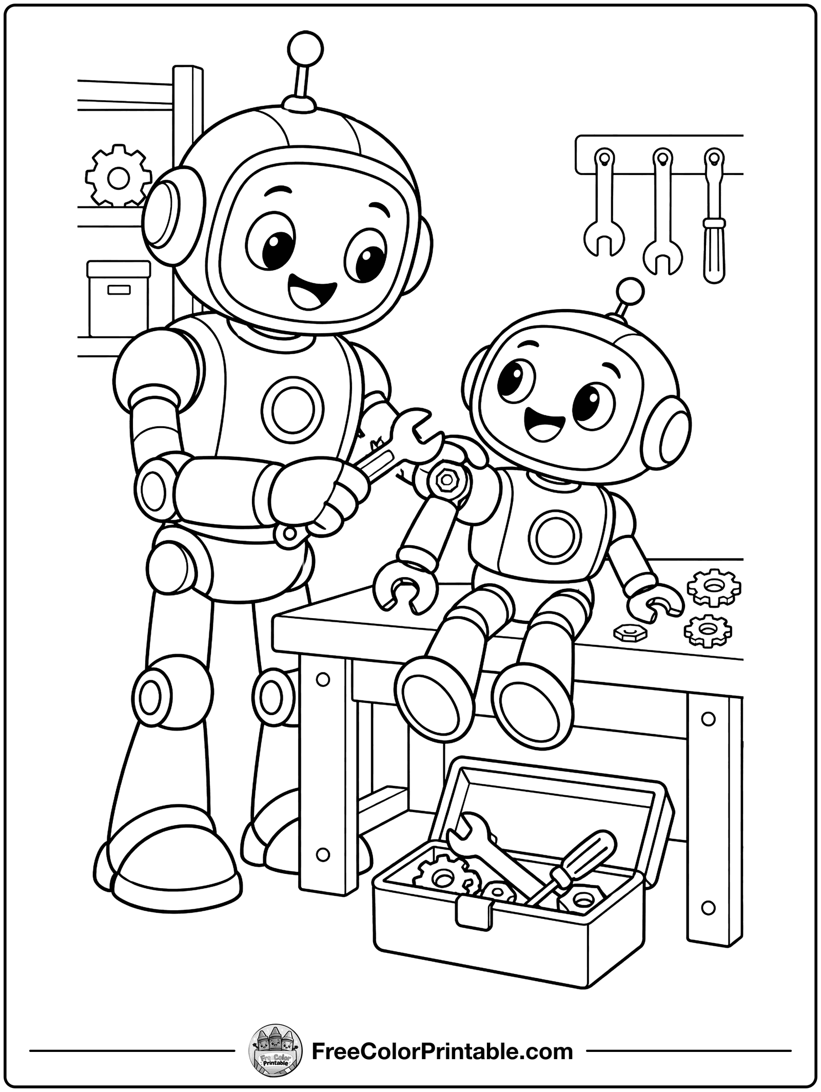Robot Fixing Another Robot Coloring Page — free color printable