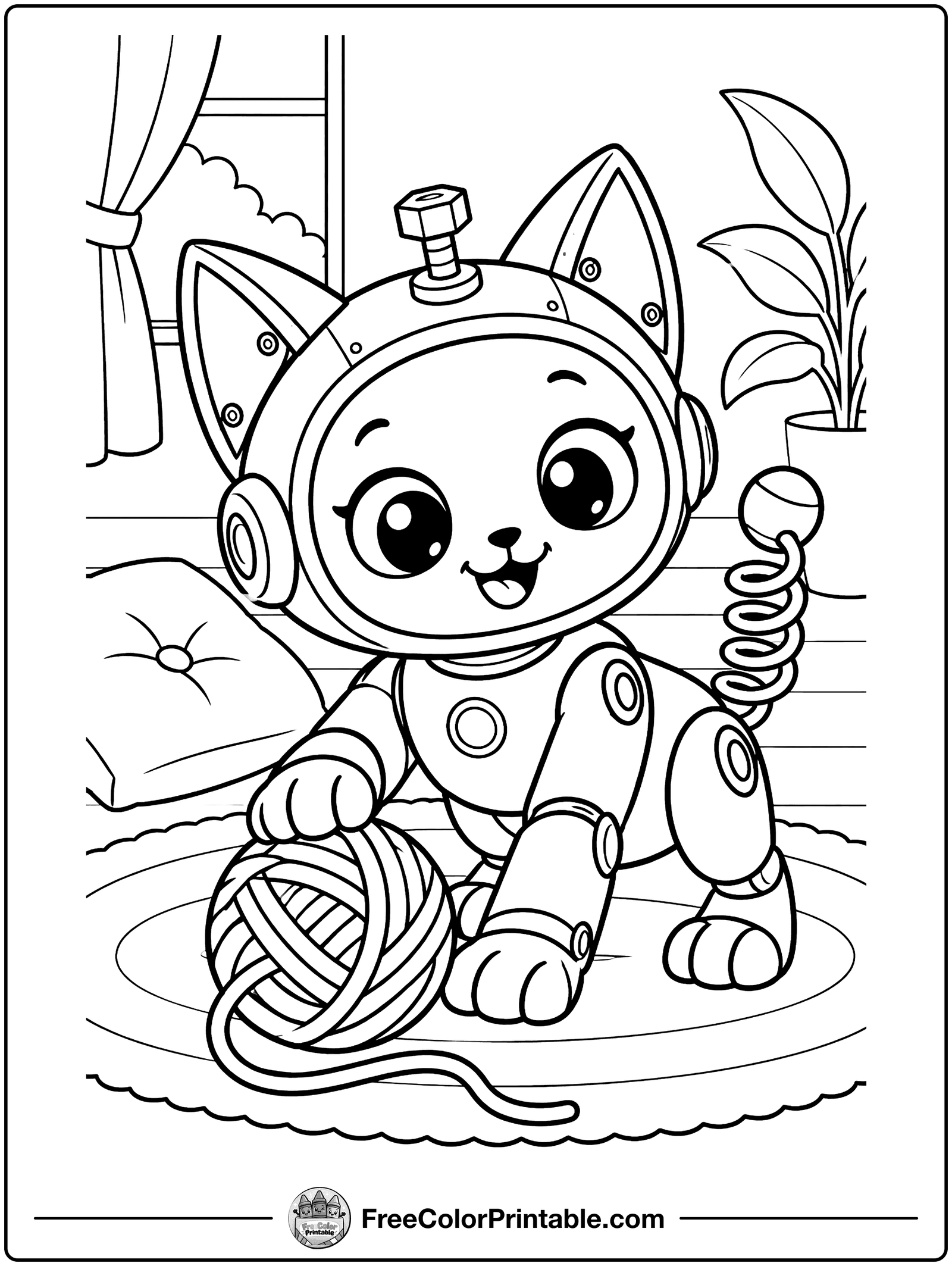 Robot Kitten with Yarn Coloring Page — free color printable