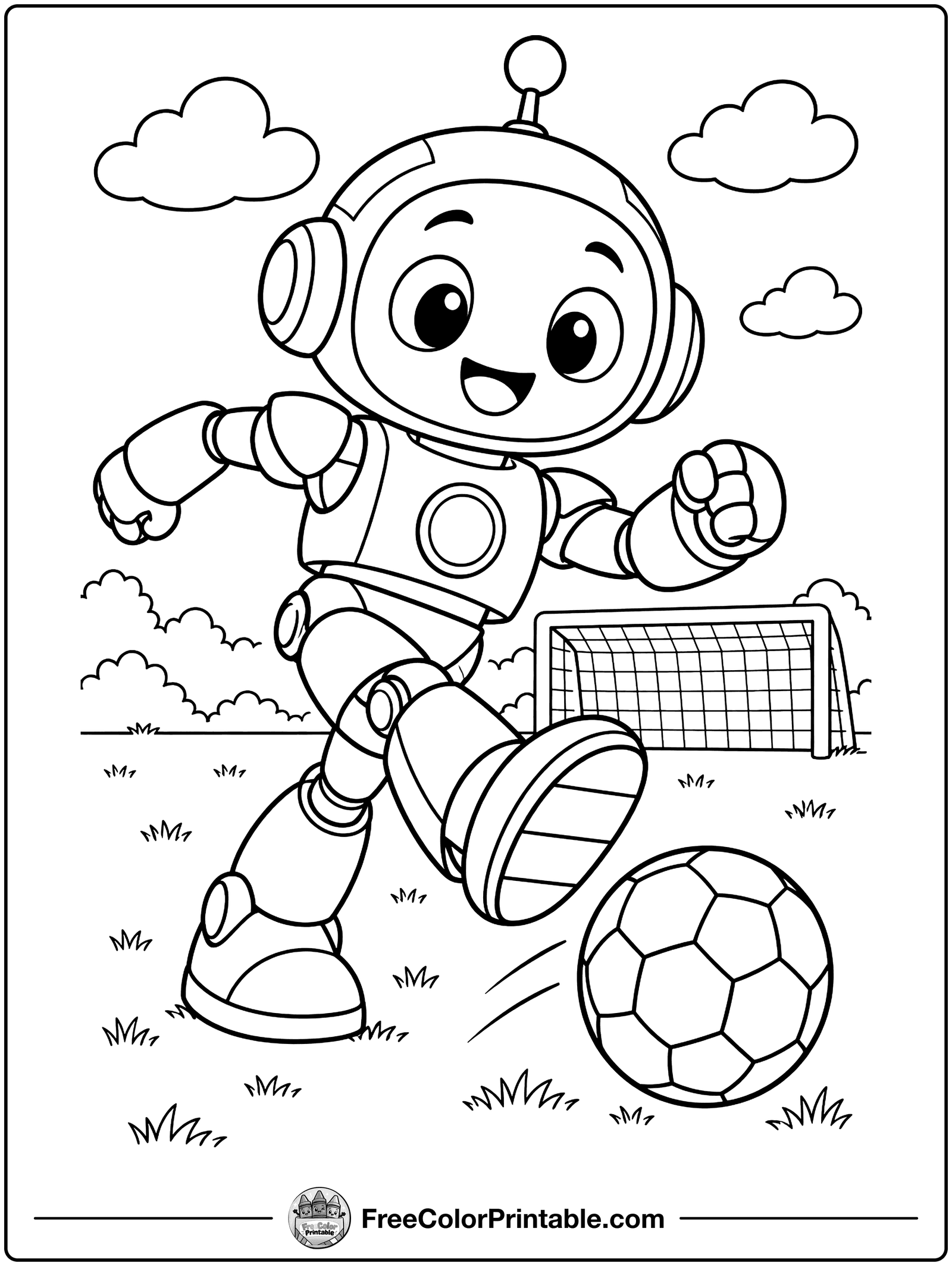 Robot Playing Soccer Coloring Page — free color printable