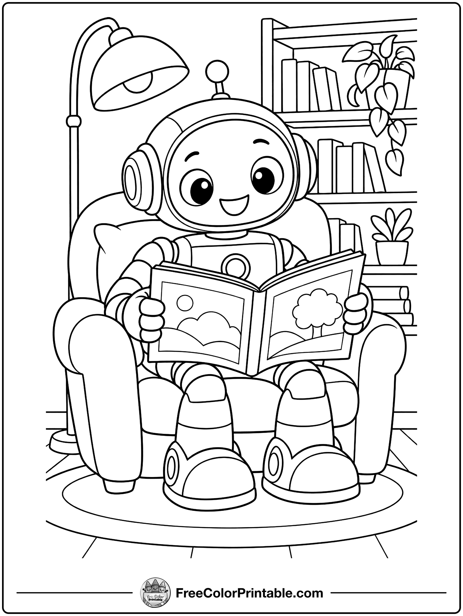 Robot Reading a Book Coloring Page — free color printable