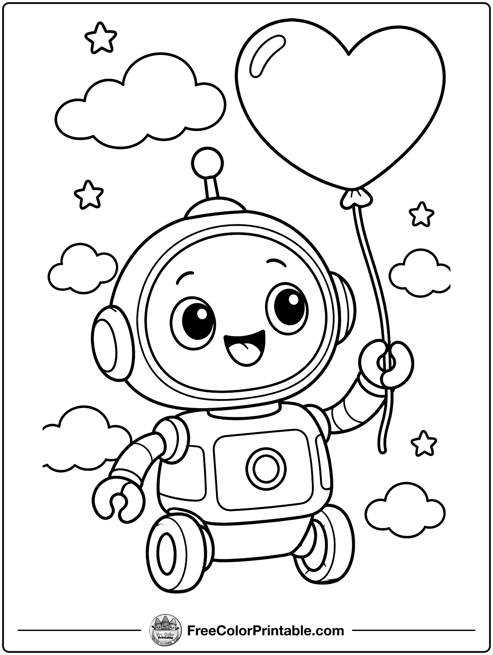 Tiny Robot with a Balloon Coloring Page — free color printable