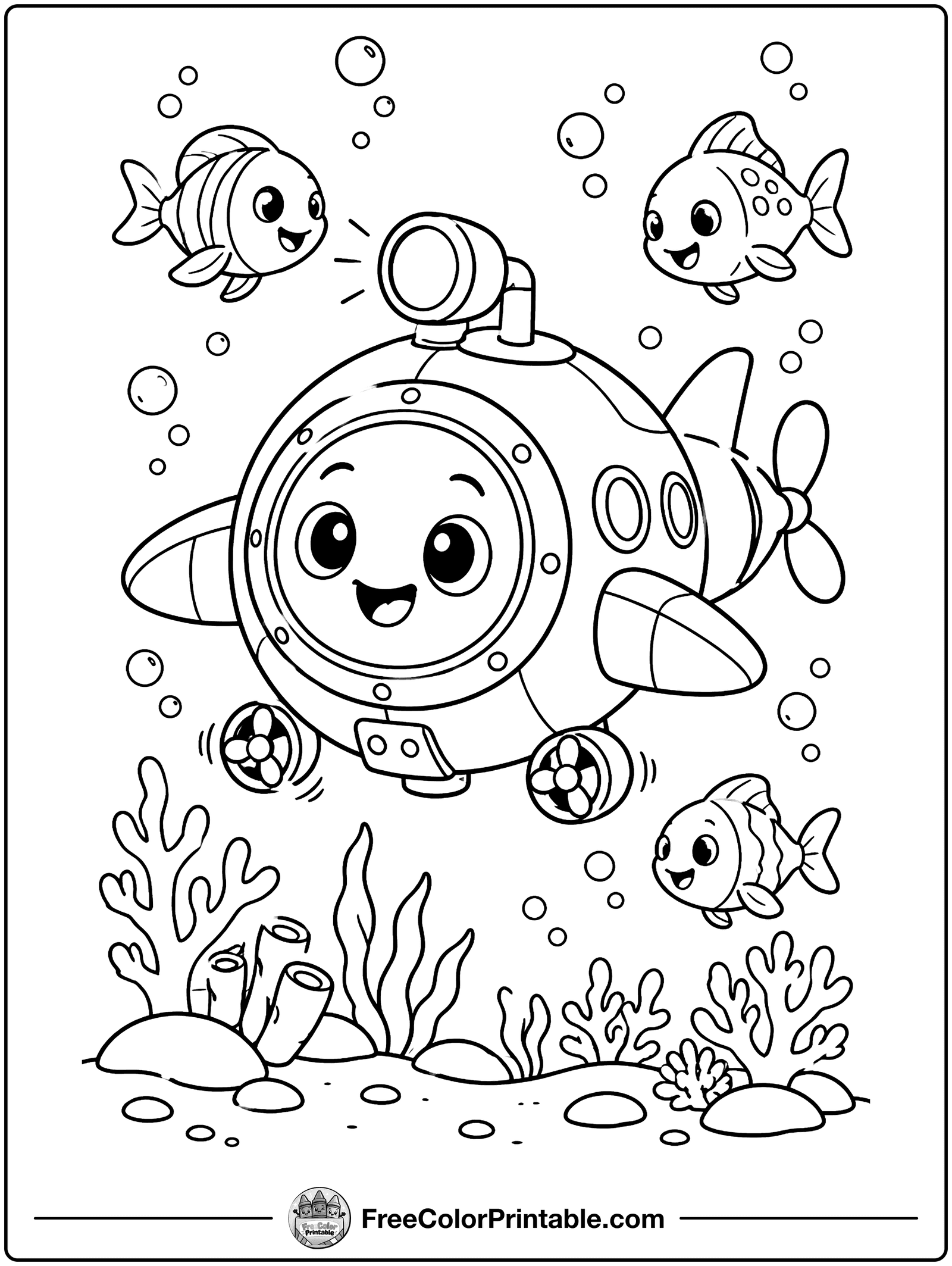 Underwater Robot with Fish Coloring Page — free color printable