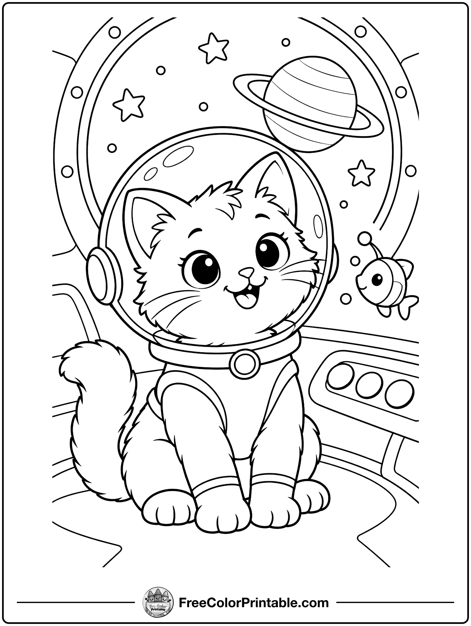 Astronaut Cat at the Spaceship Window Coloring Page — free color printable
