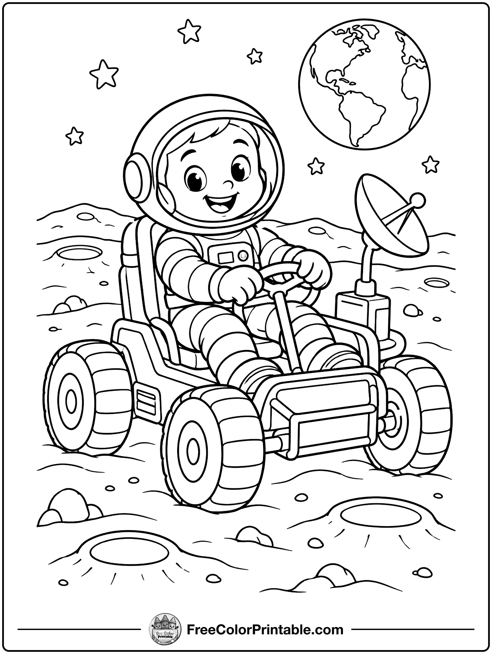 Astronaut Driving a Moon Buggy Coloring Page — free color printable