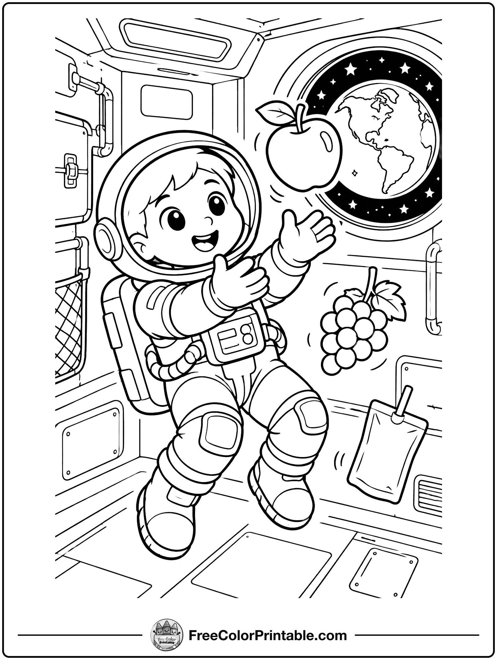 Astronaut Eating Snacks in Space Coloring Page — free color printable