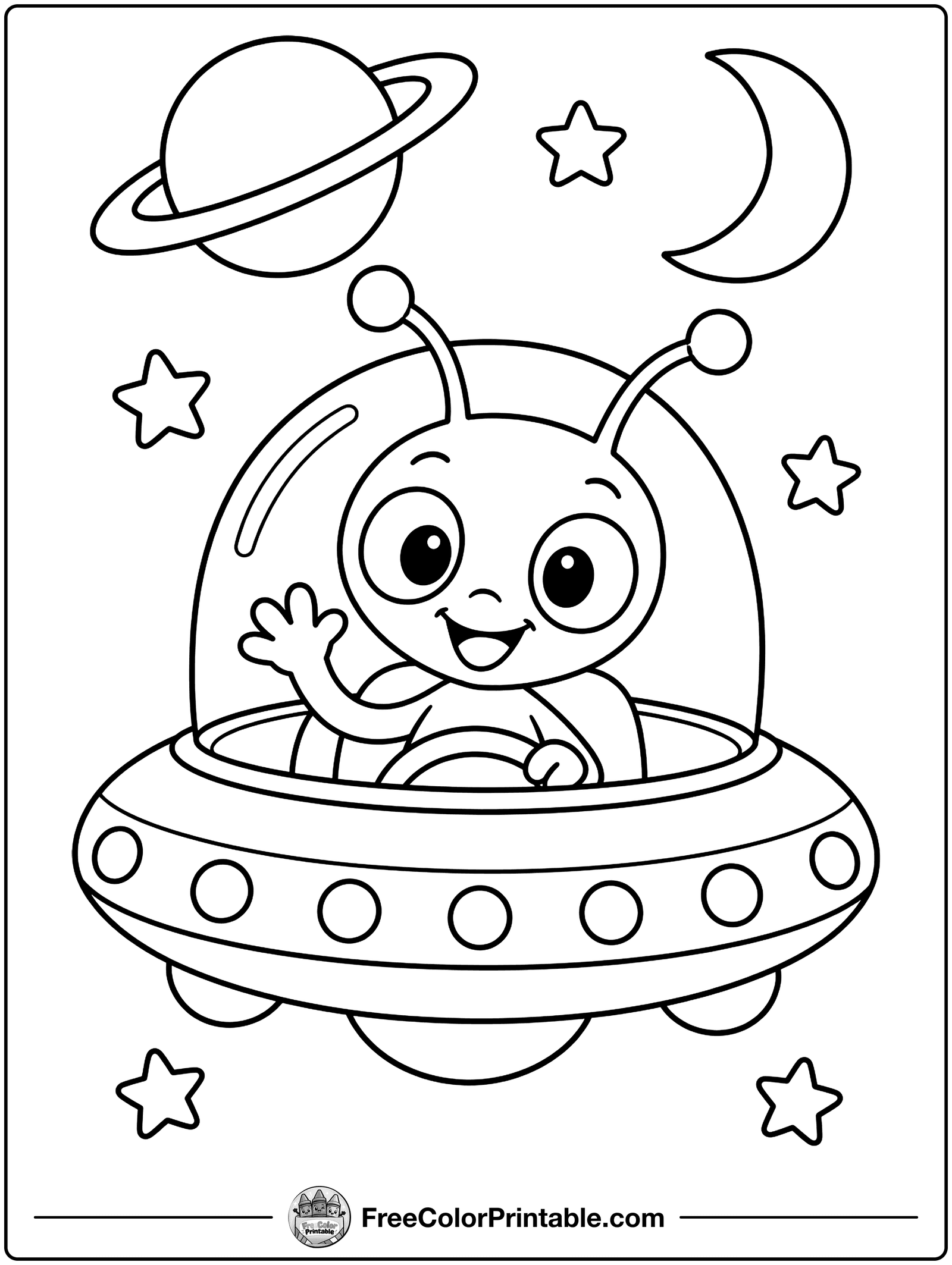 Friendly Alien in a Flying Saucer Coloring Page — free color printable