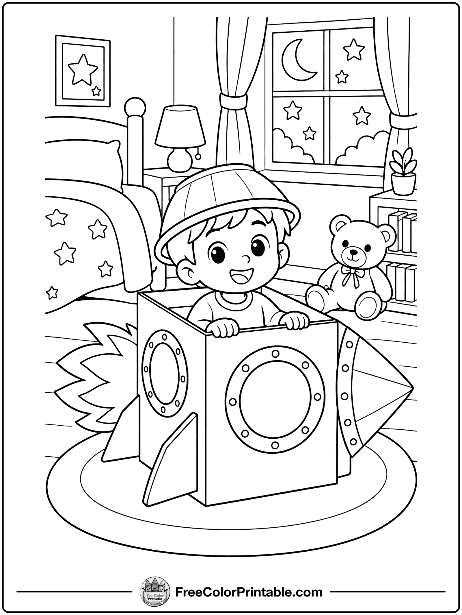 Kid in a Cardboard Box Rocket Coloring Page — free color printable